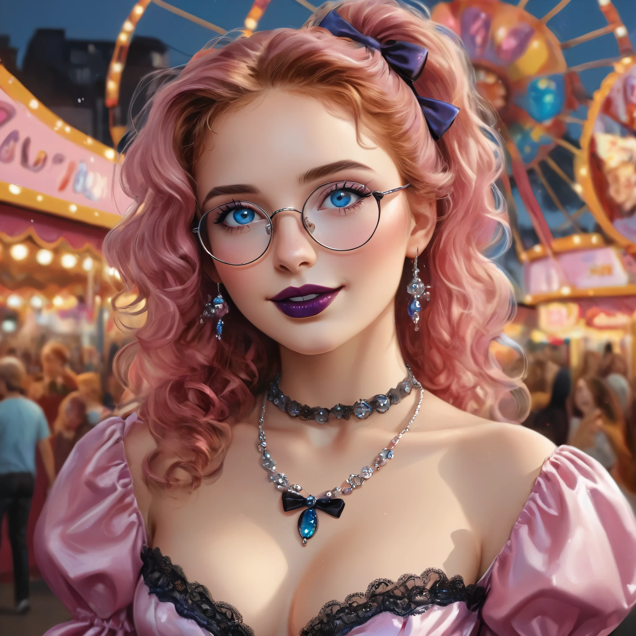 (Whole body: 1.5) , (masterpiece, professional lighting, 16k, 8k wallpaper, raw photo, photorealistic: 1.8, ultra-detailed, natural soft lighting, detailed skin, detailed face, detailed eyes, textured skin),(ultra realistic).kkw-ph1, glamour photography photo of Polish model, 4nn4 with blonde hair and highlights, looking at viewer, wearing cyb dress, pink dress, puffy long sleeves, bow, white thigh-highs, mary janes, posing in a carnival, full body framing
(masterpiece, photorealistic:1.2), high quality, intricate details, detailed background, 8k
Photo, top quality, (Ultra detailed face and eyes: 1.0) ,(large breast: 1.0), (25 year old woman).
Beautiful girl with blue eyes, wearing small round glasses,(with glasses fine round),
Her hair of Spanish purple color, a woman with hair adorned with colorful reflections, Beautiful redhead with blue eyes, ponytail, beautiful, sexy , smiling,Curly hair falling on the shoulders,a necklace, glamour accessories
((intense eye makeup, pink mascara),(detailed fake lips)), glossy black lipstick, black lipstick, dark lipstick, sexy lips:5 elegant and dark lips, with shiny black lips, sexy lips, shiny lips, luscious lips, black lips,