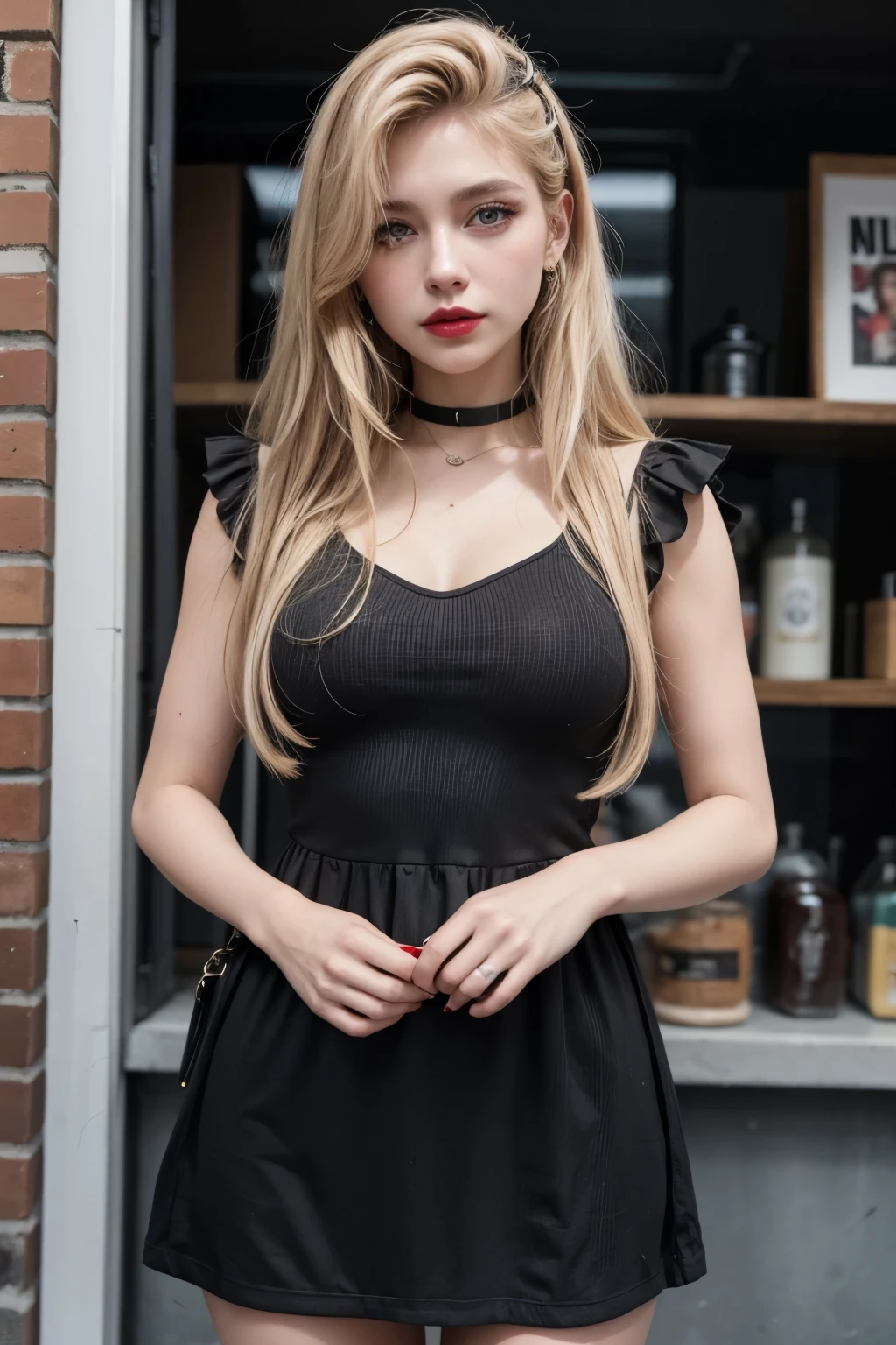 Influencer rubia Brooklyn Neve con un vestido descubierto color negro y labios pintados de rojo.