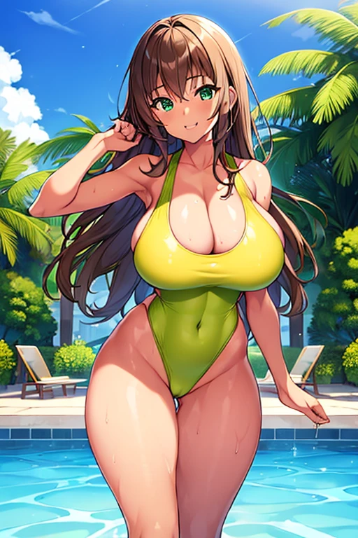 1girl, tan, tan-skinned female, tan skin, green eyes, brown hair, long hair, one-piece swimsuit, competition swimsuit, huge breasts, highleg, thick thighs, wet, smile, cleavage, mature female, hourglass figure, pool