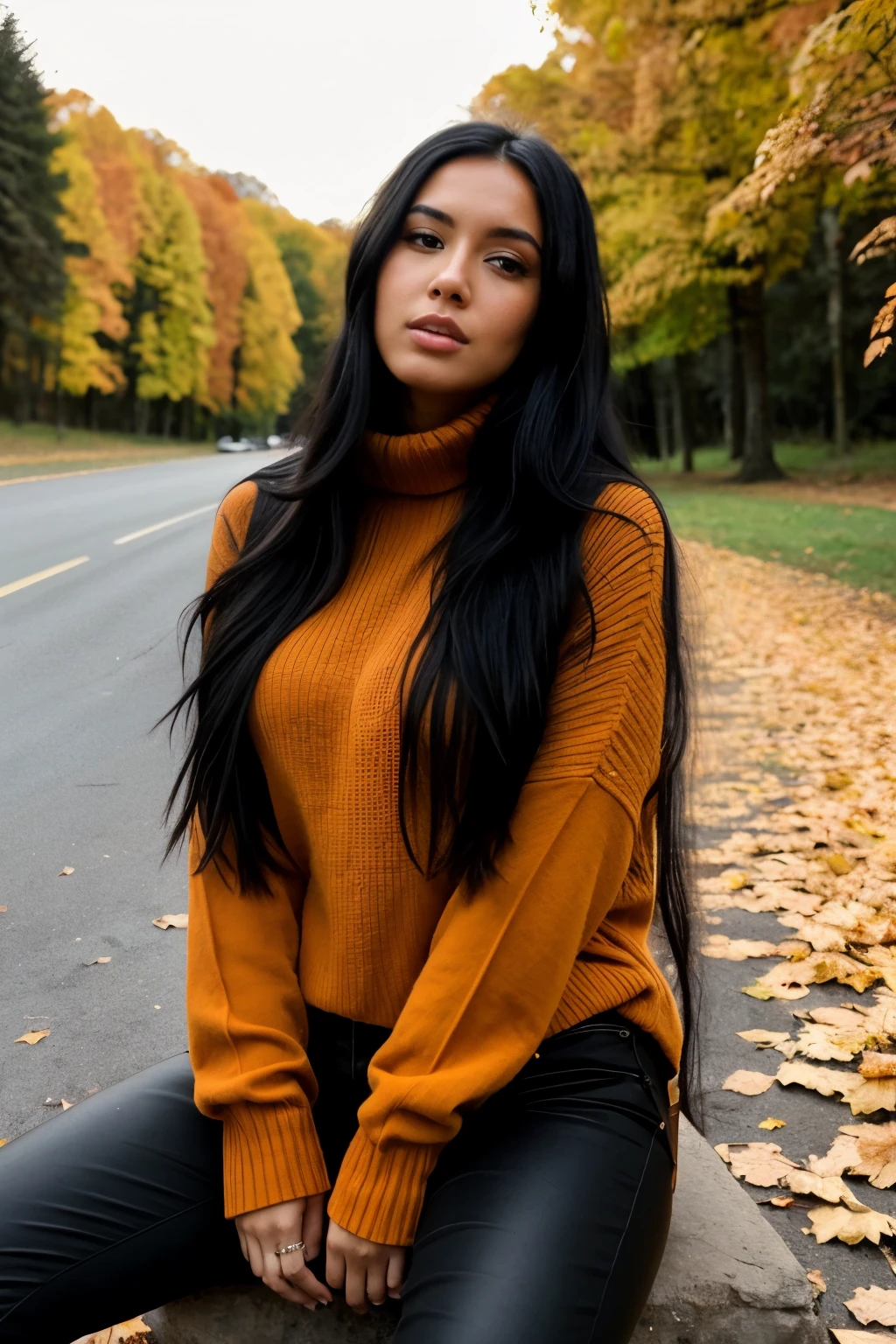 Female Instagram model, ((long black hair)), wearing a brown look, scenery behind her with trees full of orange leaves, falling leaves, autumn scenery, she is sitting. ((melhor qualidade)), (detalhado),
