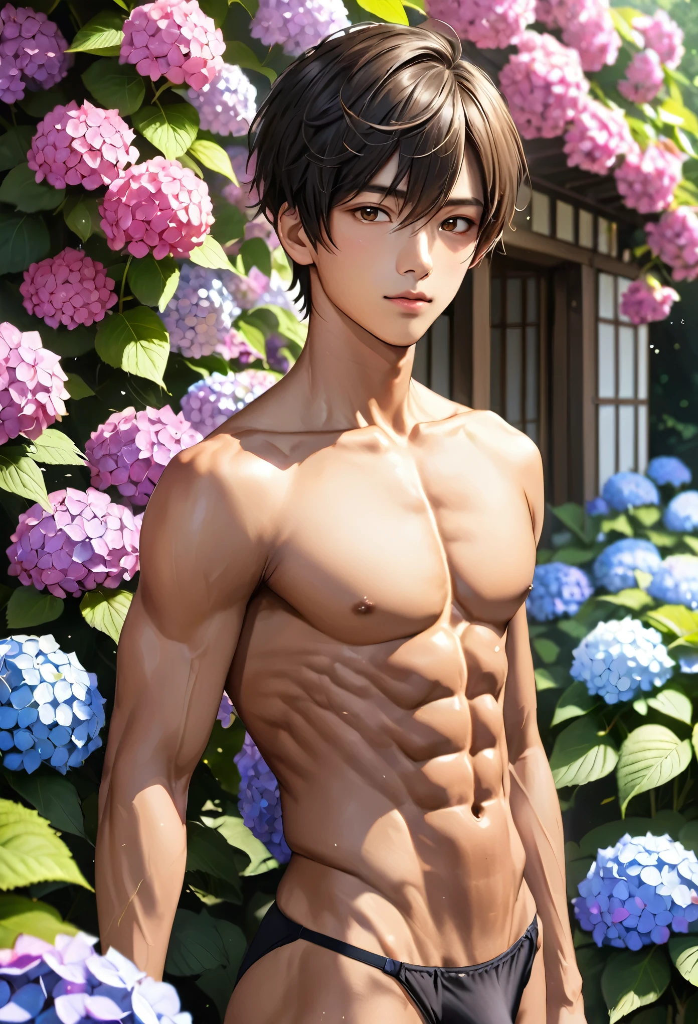 (best quality), realistic, hydrangea, garden, (16 year old Japanese idol boy), (abs:1.3), black short hair, tanned dark skin, (detailed brown eyes), (smile:0.8), (black tiny thong), (bulge), --no shirt,