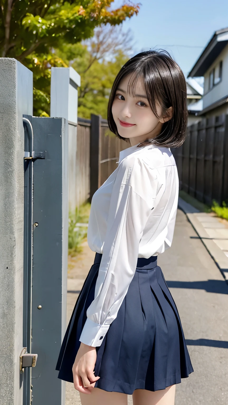 [super high quality,Masterpiece,Highest quality],(((Japanese,woman,Super Beauty,1 person,若いwoman))),((seven-headed body,Narrow face,Slender body,Small Butt,Beautiful Skin,Beautiful Eyes,Smile a little)),((Black Hair,Short Bob Hair,Shiny Hair)),White long sleeve formal button-up shirt,Dark navy pleated skirt,Mini length pleated skirt,Dark blue socks,Wearing black loafers,sunny day,In front of the gate of a Japanese school