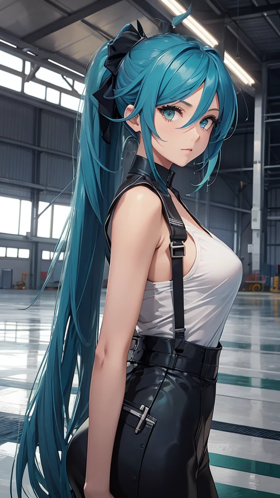 Beautiful woman, dressed as a mechanic, background an aircraft hangar, blue hair, green eyes, long ponytail