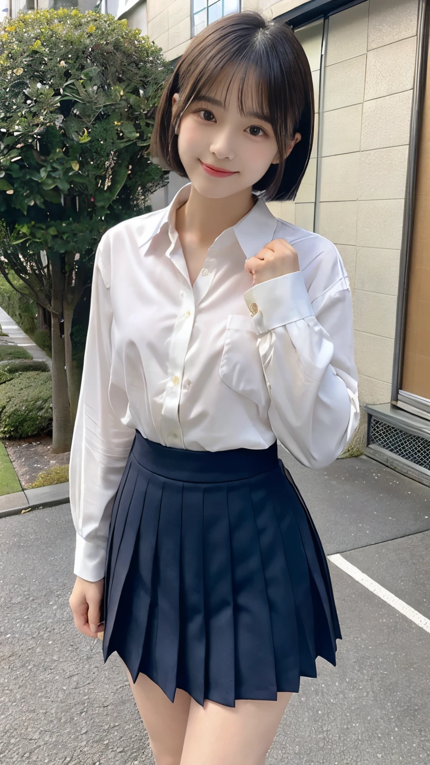 [super high quality,Masterpiece,Highest quality],(((Japanese,woman,Super Beauty,1 person,若いwoman))),((seven-headed body,Narrow face,Slender body,Small Butt,Beautiful Skin,Beautiful Eyes,Smile a little)),((Black Hair,Short Bob Hair,Shiny Hair)),White long sleeve formal button-up shirt,Dark navy pleated skirt,Mini length pleated skirt,Dark blue socks,Wearing black loafers,sunny day,On the roof of a school in Japan