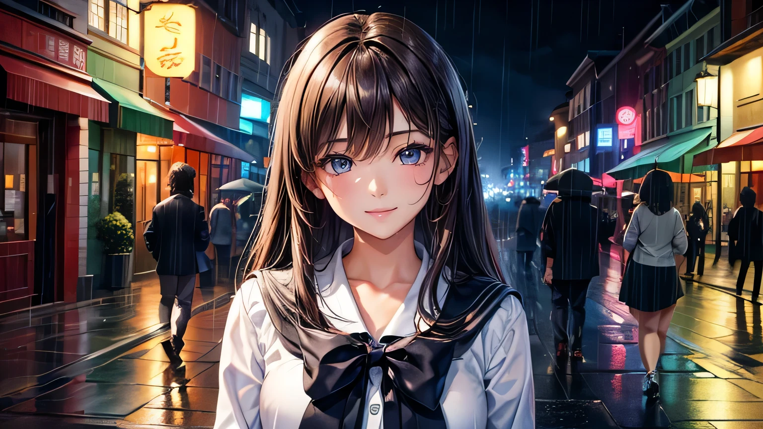 Beautiful woman 1.3, Beautiful brown hair: 1.2, , Rainy Town: 1.2,City of night,In town: 1.1, Ultra-high resolution, Accurate, Super detailed, Textured skin, High detail, highest quality, 8k,Thin bangs,Upper Body,Well-drawn eyes, Focus on the face,Student Uniform,Detailed hair depiction,Detailed depiction of eyes、Detailed depiction of hair、rain、rain grain、Street lamp、Wet ground、Upper Body、midnight、smile