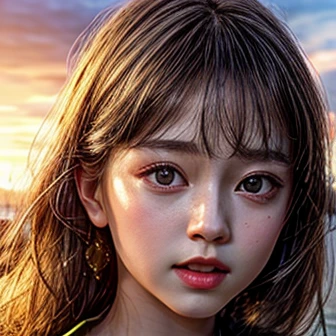 Tiny girl wearing red tube-top dress, Stroll along Beach at evening, (Acutance:0.85), Masterpiece of 8K Ultra-detailed, (Volumetric lighting), (RAW photorealistic:1.37), (Gazing at the sunseting colorful sky) (Dazzling bokeh:1.25), (Golden rays illuminating face, close-up:1.4), { (Vivid Photon Particles) | (Gust of wind) } . (((Extremely detailed a face variation of NOGIZAKA girls))), perfect anatomy, Childish, captivating gaze, elaborate detailed Eyes with (sparkling highlights:1.3), long eyelashes、Glossy RED Lips with beautiful details, Coquettish tongue, Rosy cheeks, ((Radiant natural skin) with clear transparency) . { (Dynamic joyful expressions) | (:d) }, (no Large eyes, no tree).