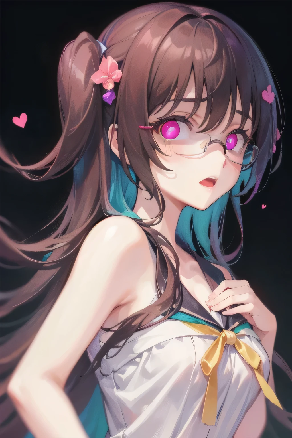 (Tabletop:1.0), (highest quality:1.4), (High resolution:1.2), From the side,Sharp contours, boyish, highest quality, masterpiece,Glasses,Voice of the Heart,yandere,Browsing Caution,nude,facial,Excessive ,Chest to chest,Upper Body,Ecstasy,saliva,blush,Heterochromia iridis,Colorful Hair