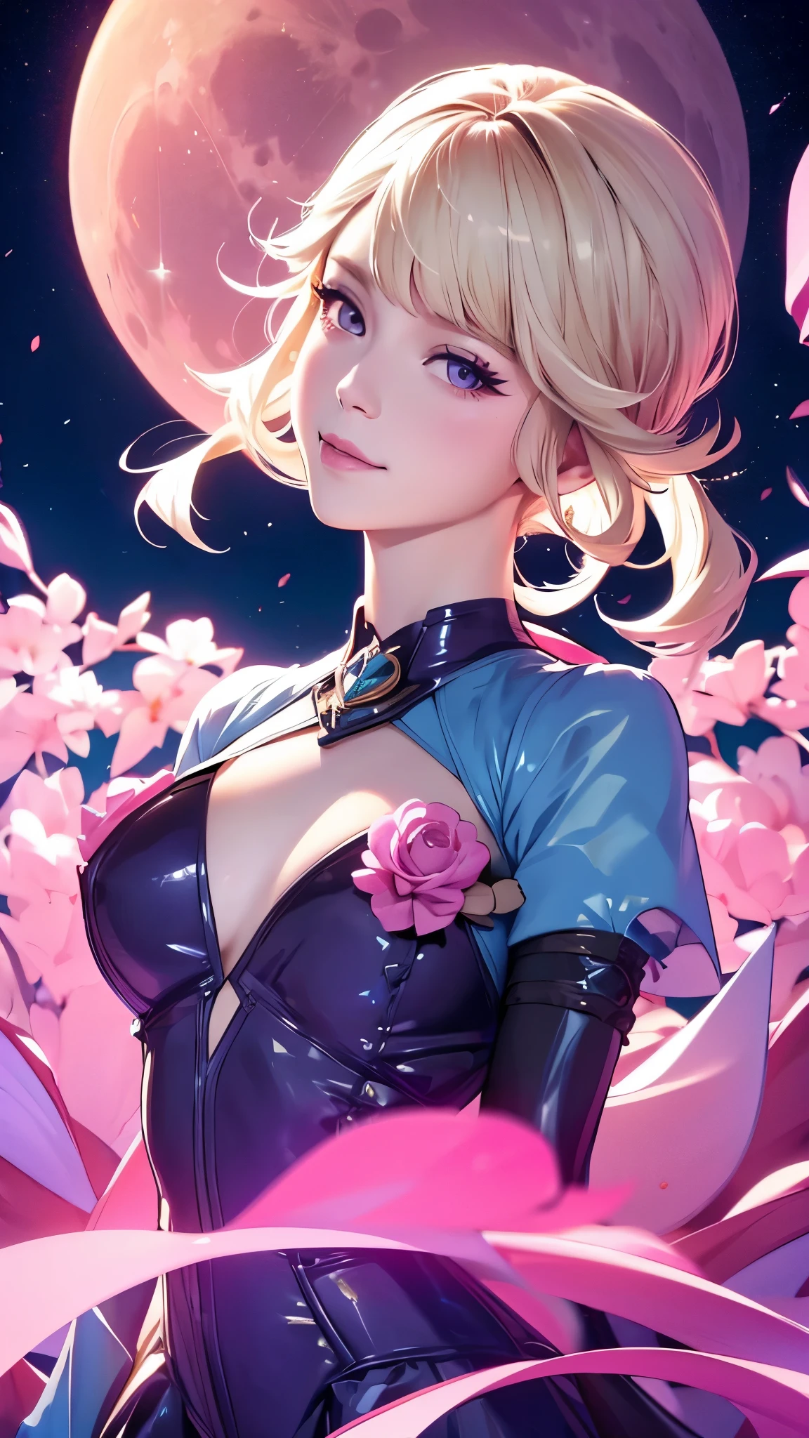 Realistic, genshin impact, Lynette, night, pink sea, short dress, frock,, blonde, blue dress, gentle smile, pink moon, park