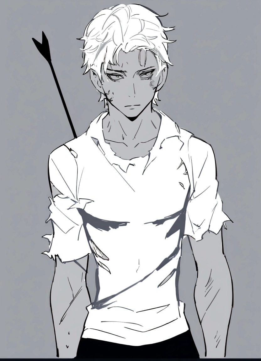 male , injured all over his body, with an arrow stuck in his back, torn clothes