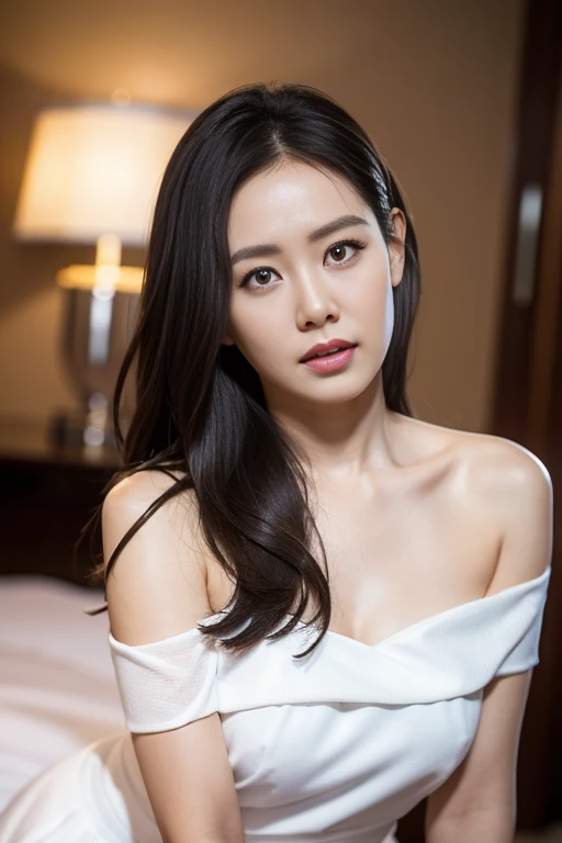 , (Mature body), Solitary,Long gray hair,black hair color, Off-shoulder, black eyes,1 Sister,A sexy pose,best quality,masterpiece,light,Extremely exquisite and beautiful,CG,Unite,8k wallpaper,Astonishing,detailed,masterpiece,Official Art,The content is very detailed Cg Unite 8k wallpaper,Extremely ridiculous,Huge file size,ultra - detailed,high resolution,The content is very detailed,Beautiful and delicate girl,Practical,full,Hotel Room,Light Contrast, Lopez, fully body photo, full, White under underwear