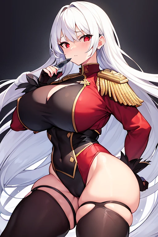 1girl, white hair, large breasts, thick thighs, leotard, knife, red eyes, black leotard, epaulettes, mature female, milf, toned, athletic female, standing