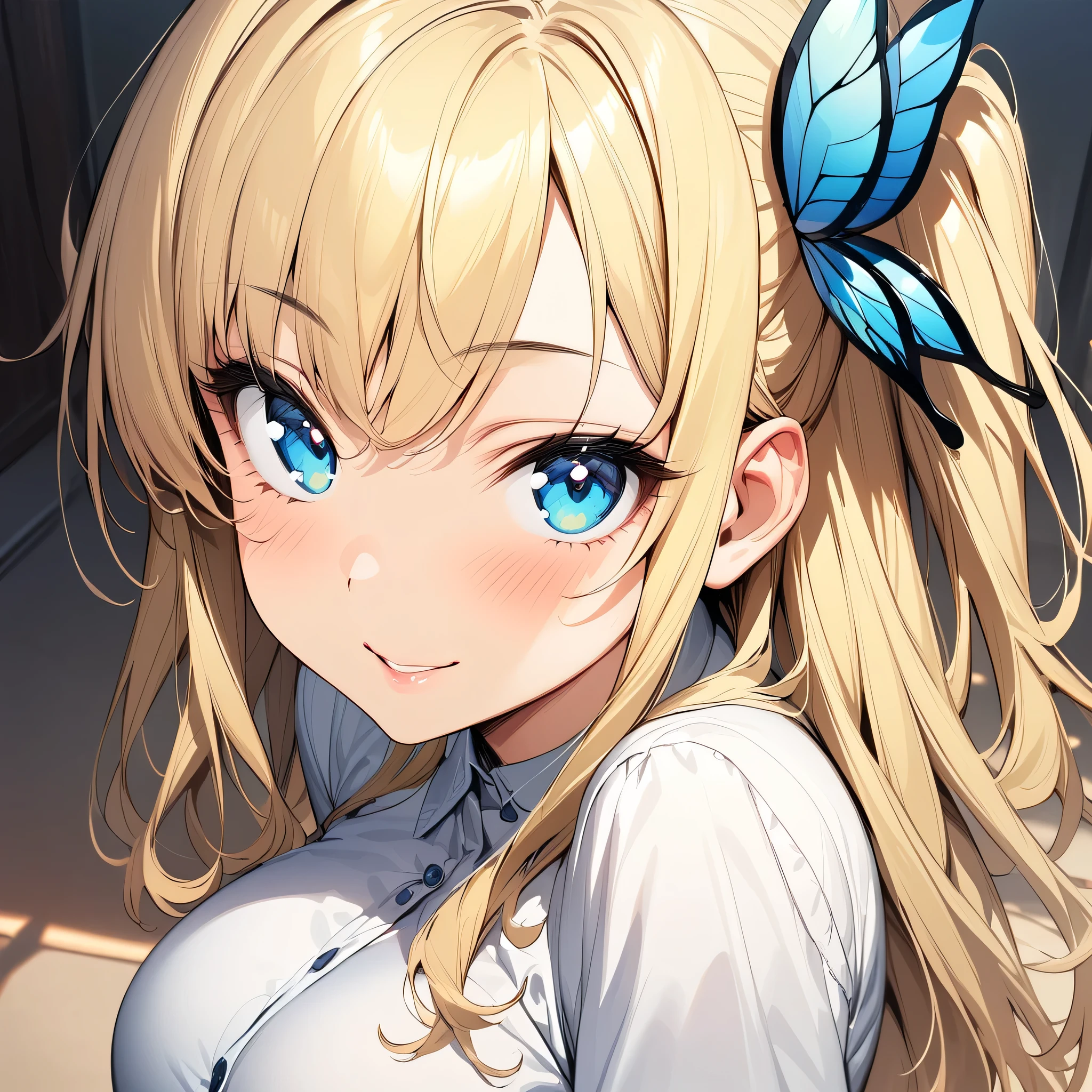 (masterpiece),(best quality),(ultra-detailed),(best illustration),(best shadow),(absurdres),(detailed background),(very aesthetic), sena kashiwazaki, blonde hair, blue eyes, long hair, butterfly ornament, hair ornament, large breasts, portrait, seductive smile, very close-up