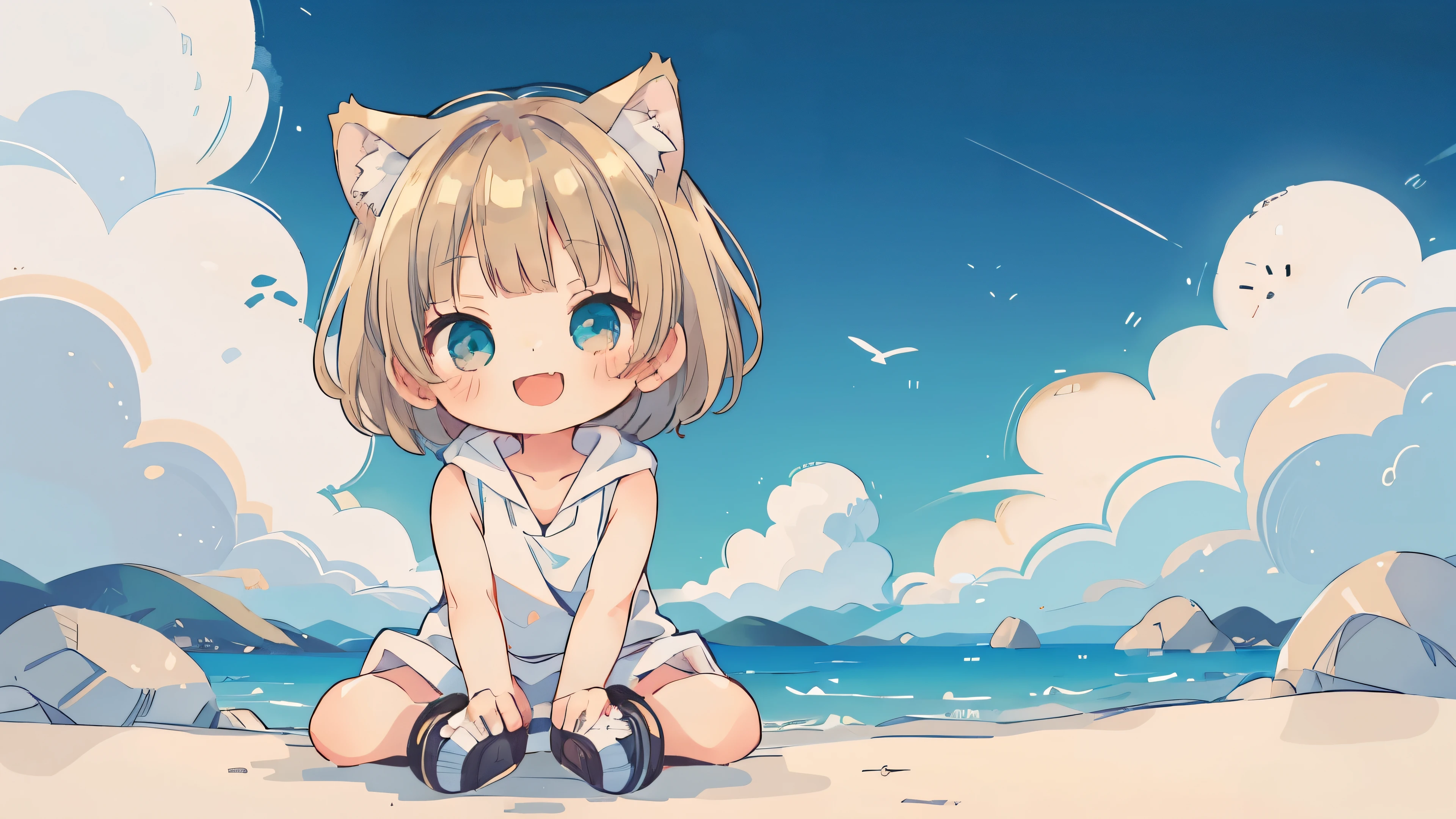 Chibi、Please straighten your bangs、smile、((masterpiece)), ((highest quality)), (anime:1.3), (RAW Photos:1.2),(High resolution:1.3), (Professional photography:1.4), (()), 8k, Shiny skin, Cinema Lighting, One girl, Wide Shot, (Knitted fabric tank top), (Cute innocent teenage girl), Slender body, Small breasts, shiny medium hair, (Loose bangs), ((:3)), Open your mouth, Bare your fangs, look up, (Mischievous smile), Beautiful clavicle, (slightly exposed shoulders), (Dog Ears), Hair blowing in the wind, break, ((highest quality)), (Sitting in Dubrovnik, Croatia), Summer day,Double Exposure、Blonde Hair、short hair、Turquoise Eyes、White hoodie、Black hot pants、Black sneakers,Please straighten your bangs、She has cat ears of the same color as her hair.