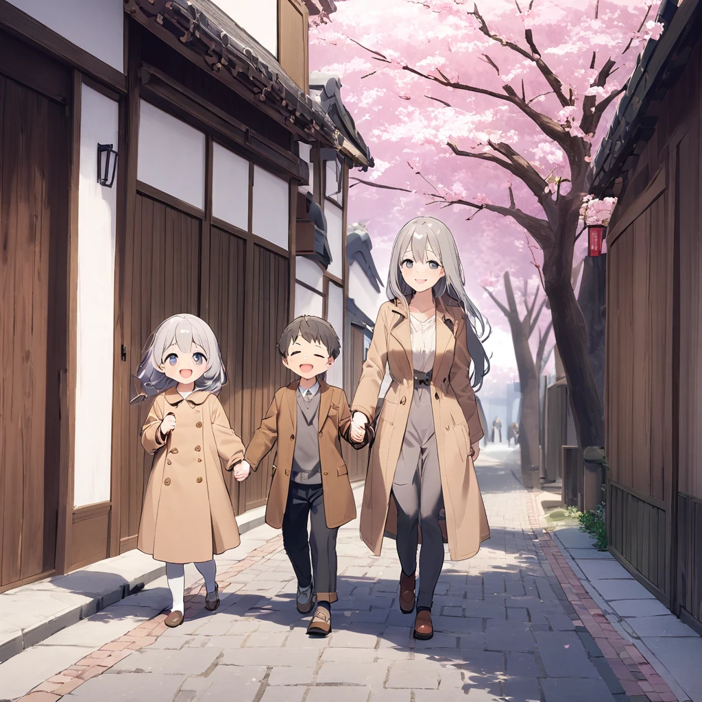 40歳のシングルマザー1people、smile、Brown Coat、Stroll along the cherry blossom-lined streets、Gray Hair、Long Hair、smileで散歩、4 year old child2people、Gray Hair、Holding hands and taking a walk、written emphasis