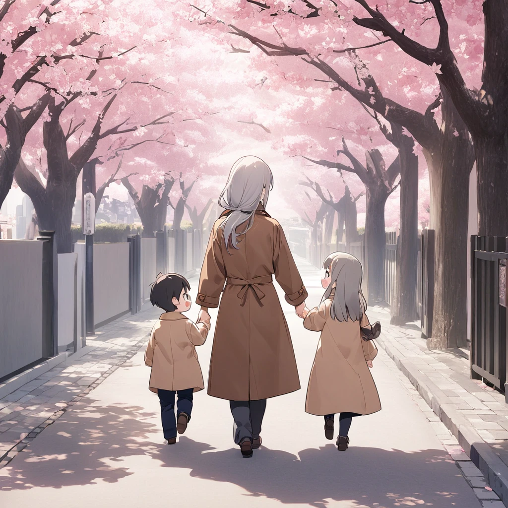 40歳のシングルマザー1people、smile、Brown Coat、Stroll along the cherry blossom-lined streets、Gray Hair、Long Hair、smileで散歩、4 year old child2people、Gray Hair、Holding hands and taking a walk、written emphasis