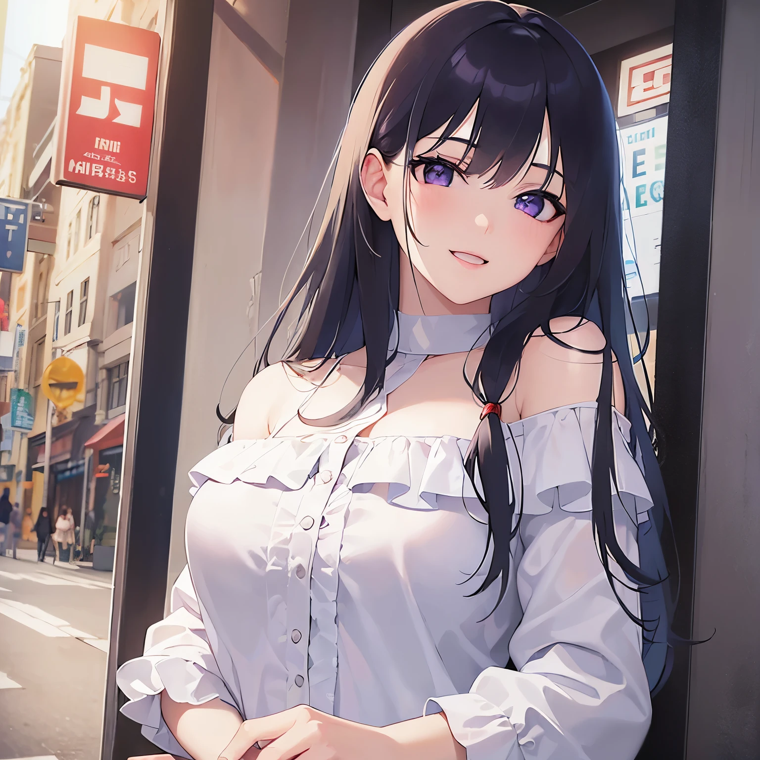 highest quality,masterpiece,Detailed CG, Ultra-fine illustrations,BREAK(white off shoulder long blouse:1.5)BREAK, Realistic,real person, (pale skin: 1.2), RAW photo, photorealistic, shiny skin, shiny hair,(A 26-year-old woman with straight hair and bangs) and (medium hair) and (black hair) and (purple eyes),(smile:1.3),open mouth,The background is inside a coffee shop,Alone,angle from the front