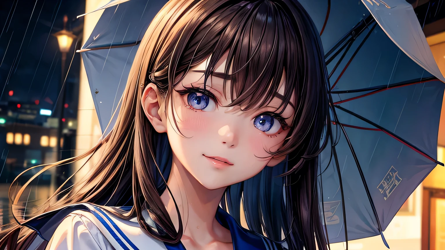 Beautiful woman 1.3, Beautiful brown hair: 1.2, , Rainy Town: 1.2,City of night,In town: 1.1, Ultra-high resolution, Accurate, Super detailed, Textured skin, High detail, highest quality, 8k,Thin bangs,Upper Body,Well-drawn eyes, Focus on the face,Sailor suit,Detailed hair depiction,Detailed depiction of eyes、Detailed depiction of hair、rain、rain grain、Street lamp、Wet ground、Upper Body、midnight、smile