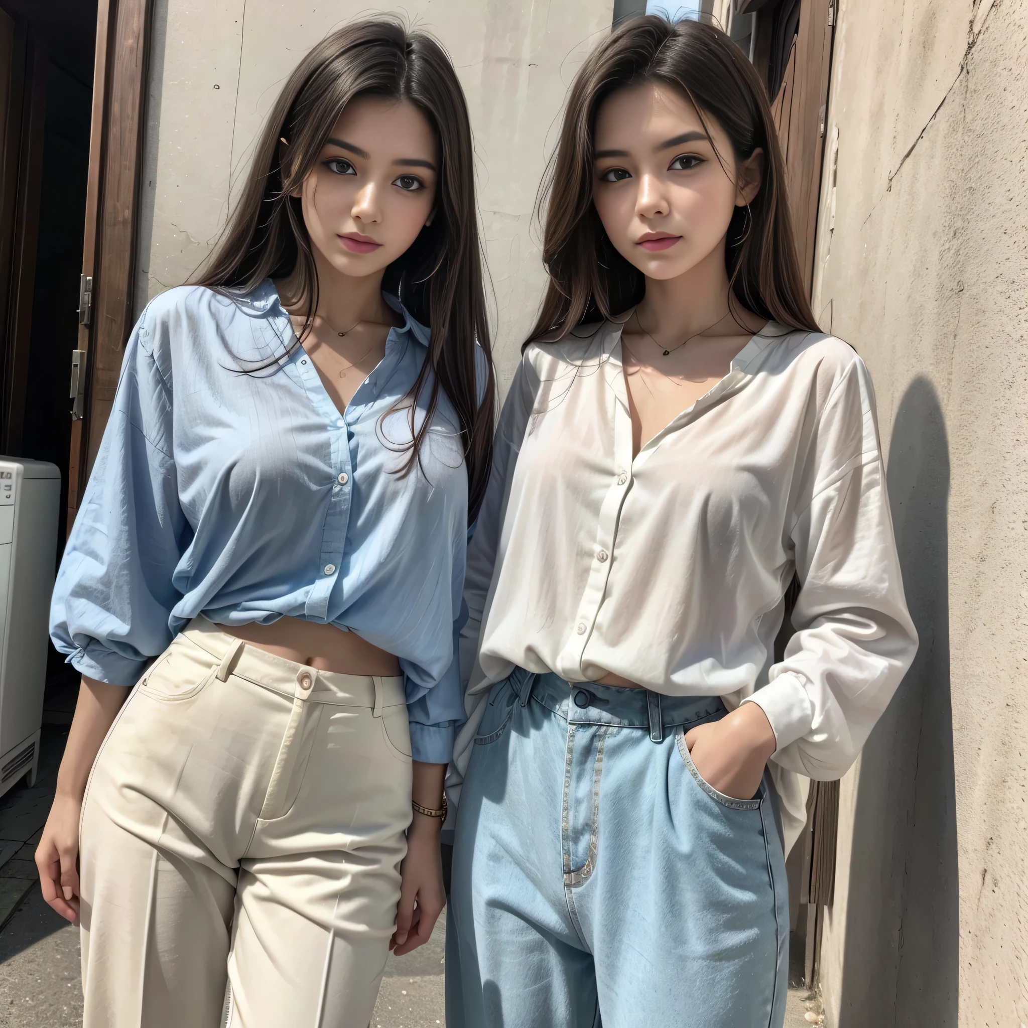 Italian realistic woman 20 years old white blouse blue Jeane pants