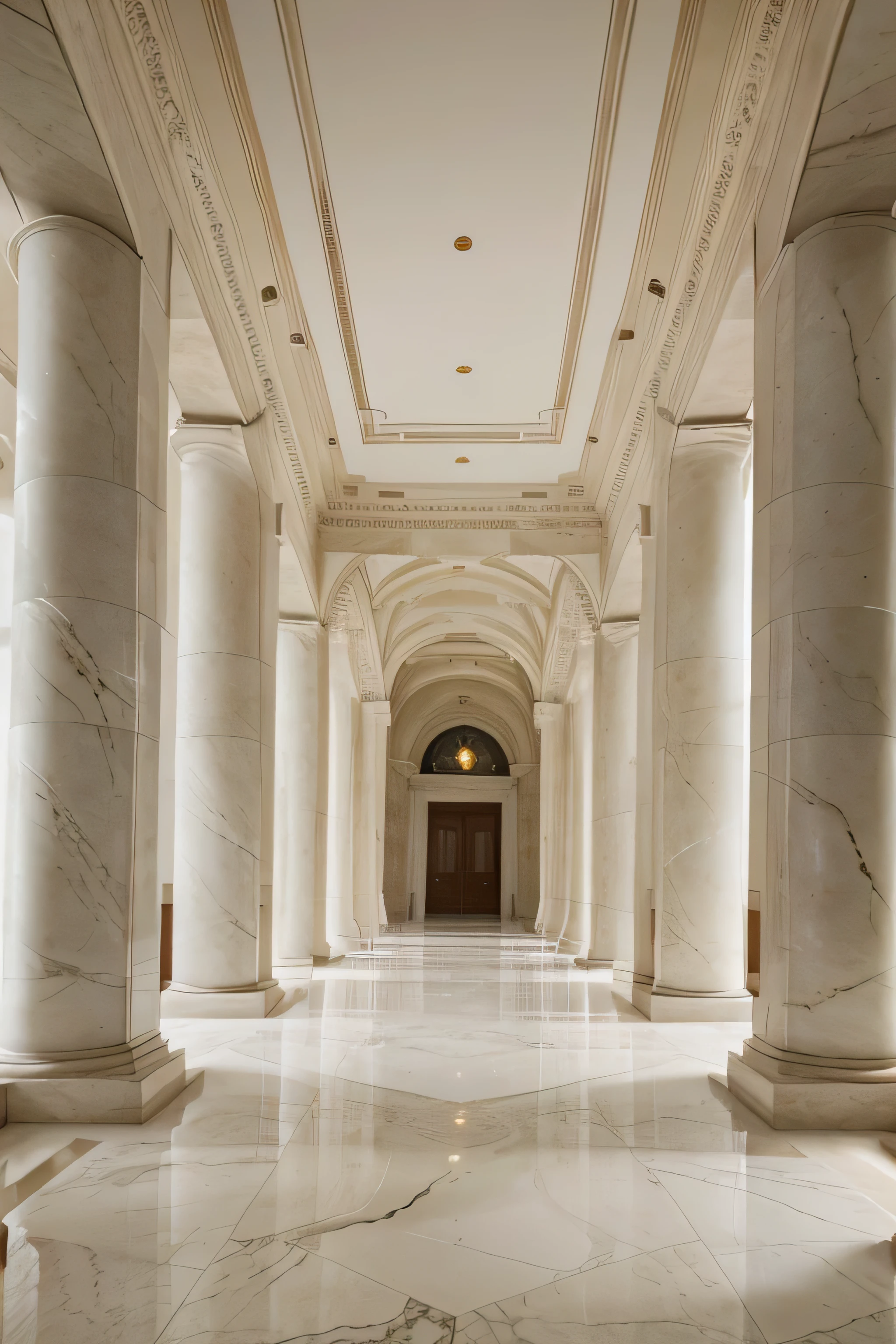 great hall with modern architectural design, brilliant design, white marble for the flooring, high marble columns, perfect exposure, nice lighting, canvas for baroque art on the walls, masterpiece , high luxurious celling, luxurious material, professional photography