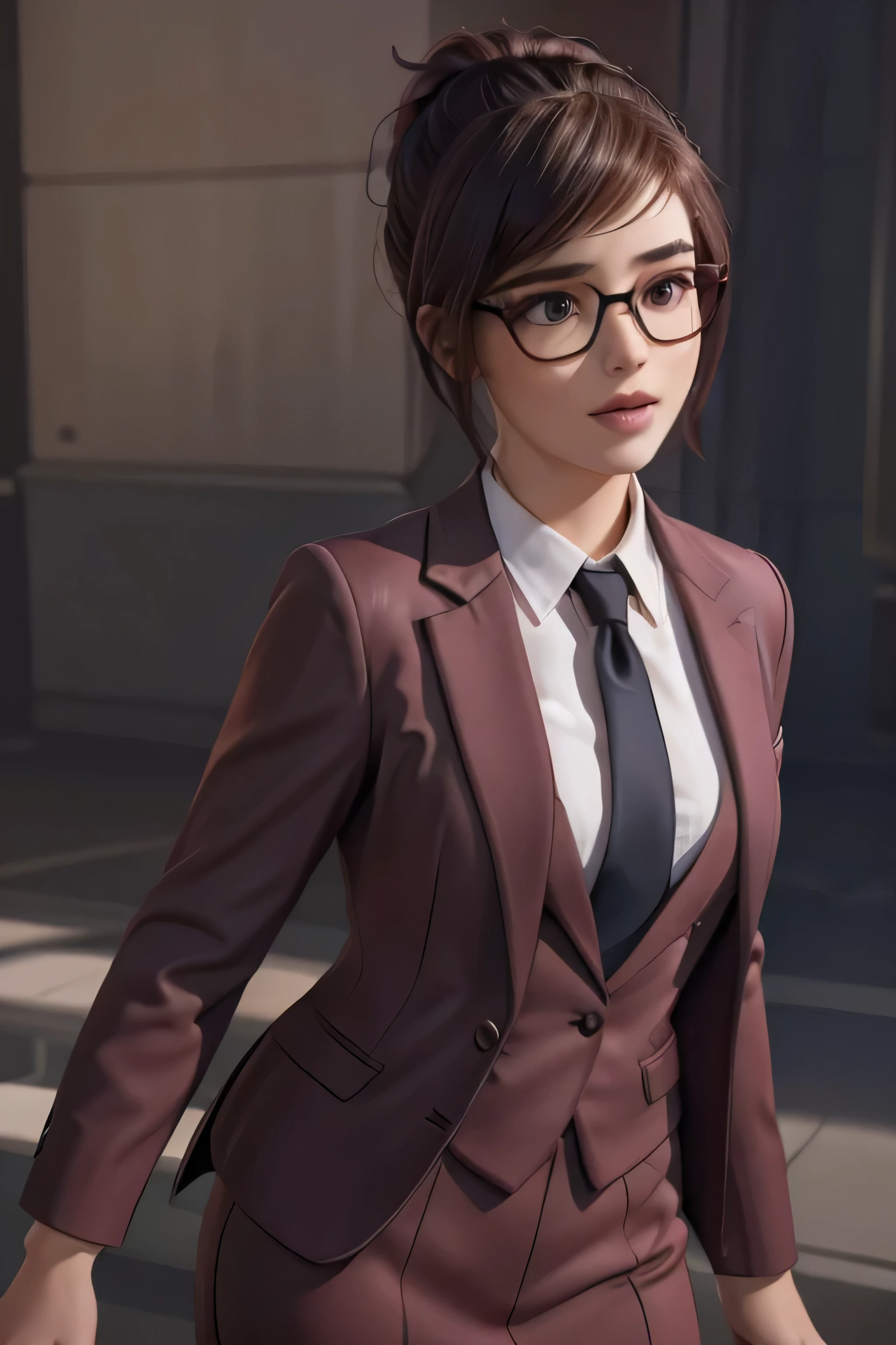 realistic, realism, photorealism, photo-realistic, high contrast, (photorealistic:1.4), 8k high definition detailed realistic,  (best quality, masterpiece:1.2),  photon mapping, radiosity, physically-based rendering, best quality, highly detailed, 1girl, owmei, cream skirt suit, suit and tie, (((three-piece suit))), pink silk dress shirt with white collar, shirt and tie, (((maroon necktie))), ((blazer)), ((suit jacket)) ((waistcoat with lapel)), (((bodycon pencil miniskirt))), formal, business, red lipstick, smile, (((hair up))), (((hair bun))), glasses, professional, (((high collar))), (((tailored bespoke suit))), (((hair pin))), bedroom eyes, smirk, confident, cufflinks, (((shiny clothes)))