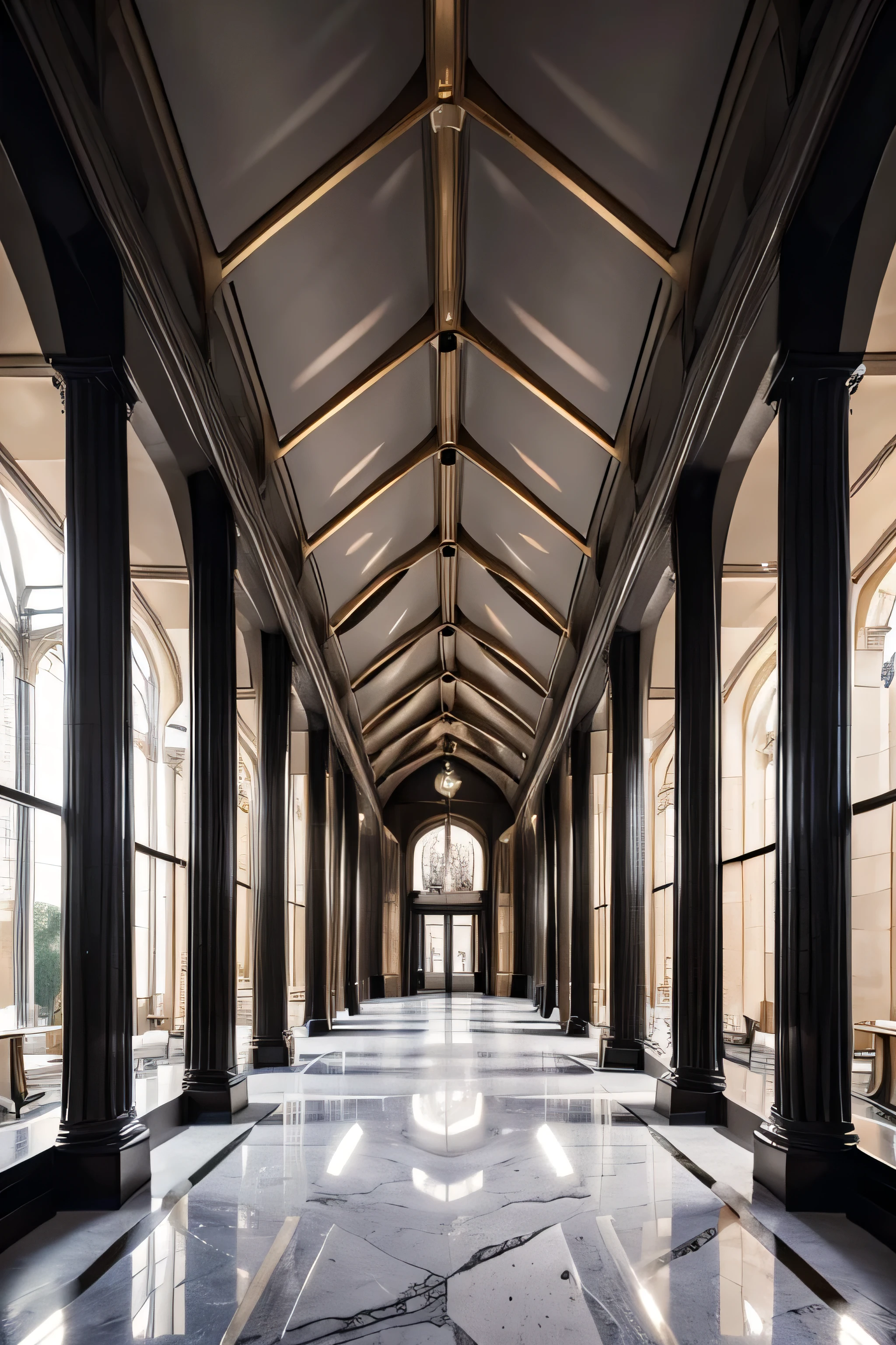 great hall with modern architectural design, brilliant design, white marble for the flooring, high marble columns, perfect exposure, nice lighting, canvas for baroque art hanging on the walls, masterpiece , high luxurious celling, luxurious material, professional photography