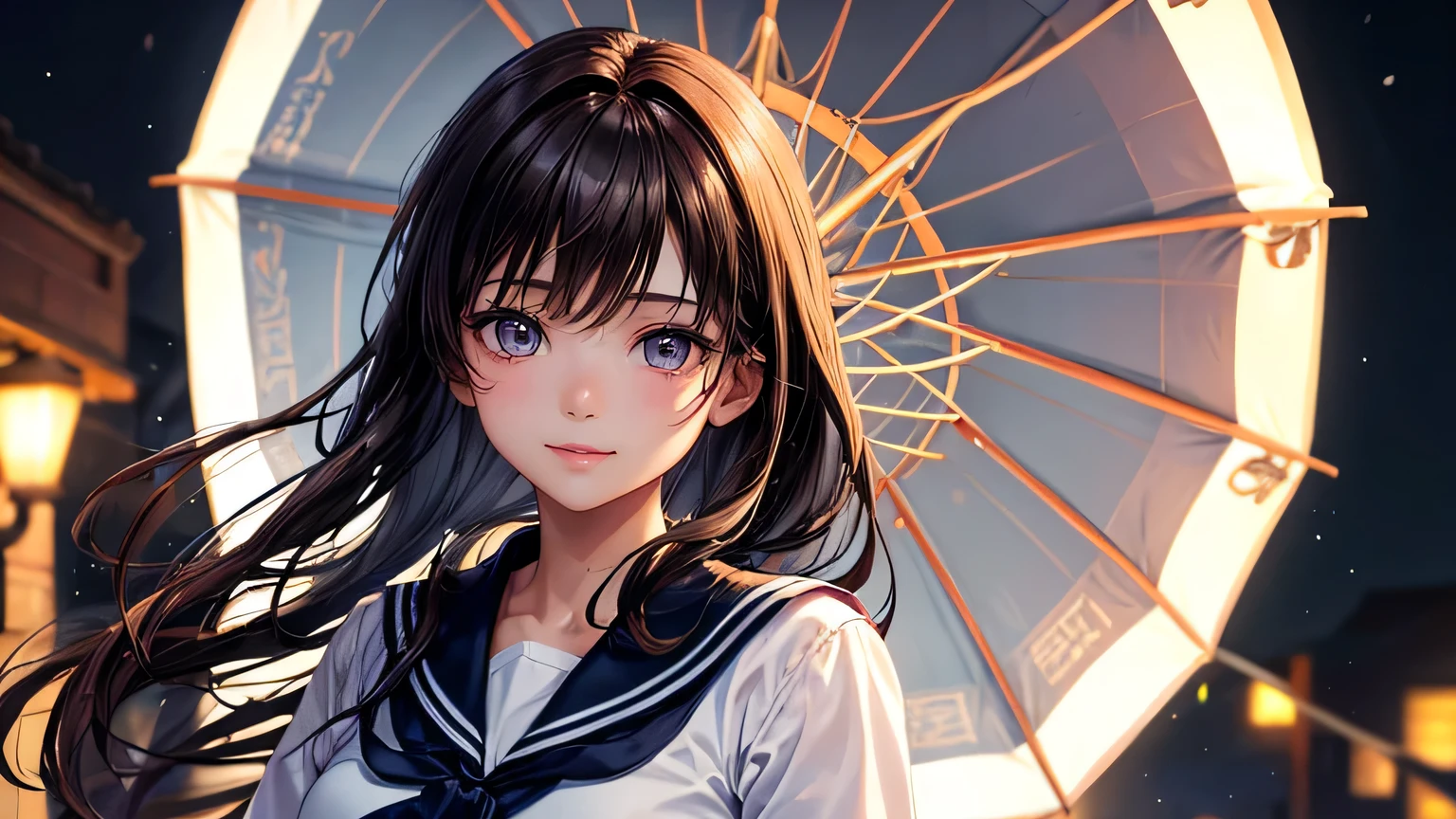 Beautiful woman 1.3, Beautiful brown hair: 1.2, , Rainy Town: 1.2,City of night,In town: 1.1, Ultra-high resolution, Accurate, Super detailed, Textured skin, High detail, highest quality, 8k,Thin bangs,Upper Body,Well-drawn eyes, Focus on the face,Sailor suit,Detailed hair depiction,Detailed depiction of eyes、Detailed depiction of hair、rain、rain grain、Street lamp、Wet ground、Upper Body、midnight、smile