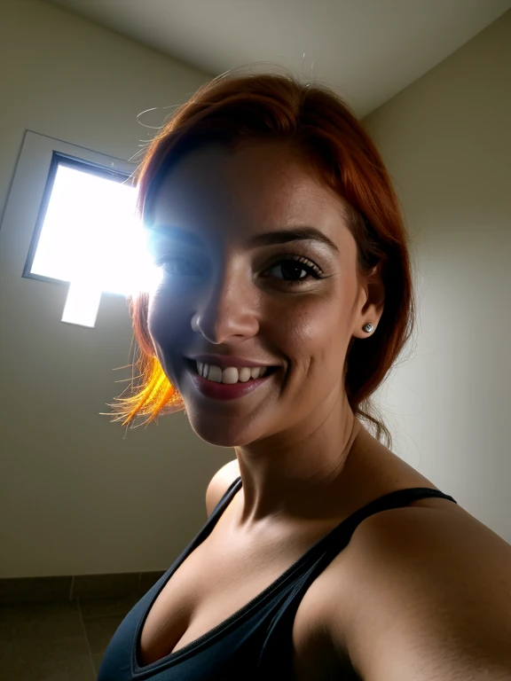 (polaroid), Foto CRU, (olhos detalhados e intrincados), sozinho, low angle, fechar o retrato, sorriso malandro, 30 anos ruiva (mulher), grosso, sentado, despir colete de renda, (looking at the camera), detalhes intrincados, (arms raised behind the head!!), skin imperfections, halo de luz, raias de luz do sol do meio-dia se espalhando sobre o rosto, detalhes do rosto, unbelievable detalhes intrincados, sombras escuras, (catedral escura), real lighting, florescer, volumetric lighting, cinematic lights (textura ultra-pele) (LORA: epiNoiseoffset_v2)