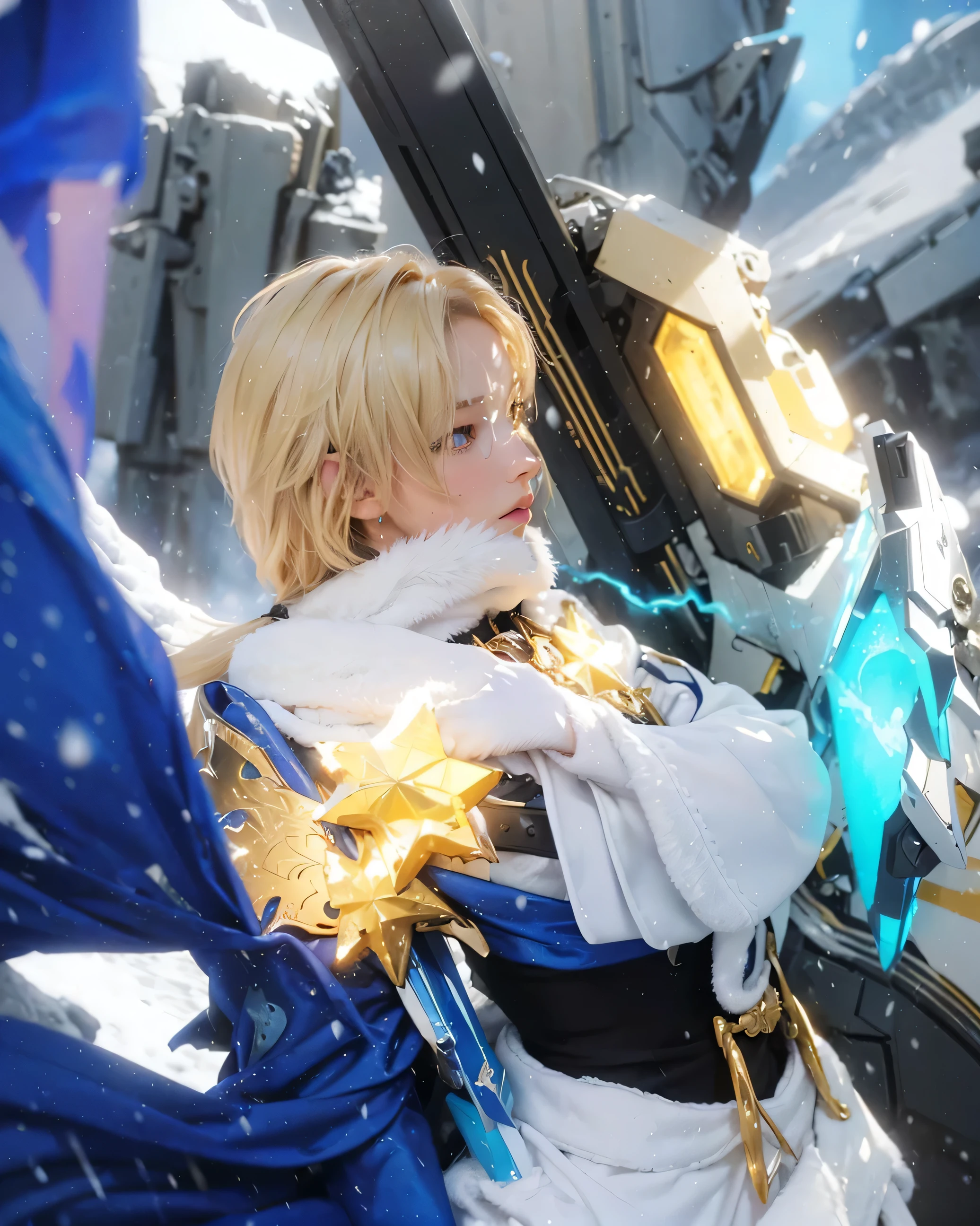 ((GEPARD_HONKAI STAR RAIL)),((realistic, photorealistic)),(highlight hair)), Light reflection, (( HD )),((upper body)), (((best quality, masterpiece))), (masterpiece) (best quality) (detail) (8k) (HDR) (wallpaper) (cinematic lighting) (sharp focuasterpiece, best quality: 1.1), Real life adaption of this character, Siberian face superit dirty effect, Shining green eyes, realistic outfit, realistic shadow, realistic light, realism, hyper realistic, realistic background,Realistic hair, realistic hair at the back,(photorealistic:1.2), 1man,Snow storm background, snow particles, icebergs, ice cliffs,1boy, ((masterpiece)),blonde_hair, hair_between_eyes, blurry foreground,bound,bruise,breastplate,(fur_trim),blue cloak,(((solo))),(Man in armor),long sleeves,,male focus, solo,(standing),(Eachcolorblockisclearlydistinguished:1.1),lapels,god rays,best quality,highly detailed,masterpiece,ultra-detailed,solo,leather belt,Floating blue robe, motion blur,jewelry,Glowing, shining armor on the chest, metal materials,floating robe,
