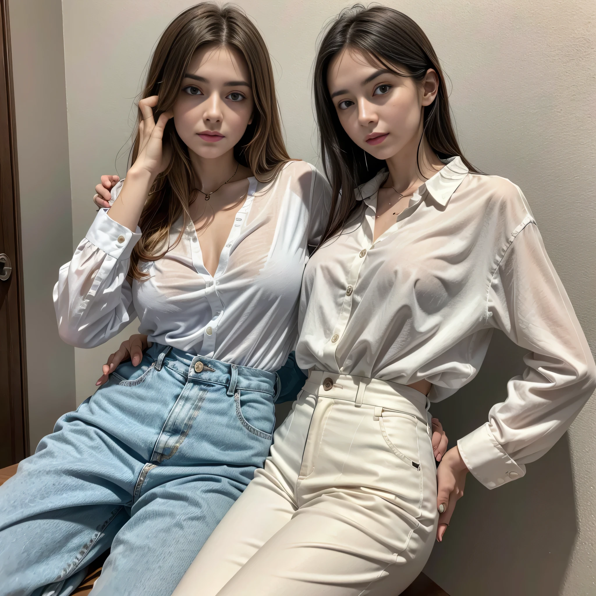 Italian realistic woman 20 years old white blouse blue Jeane pants