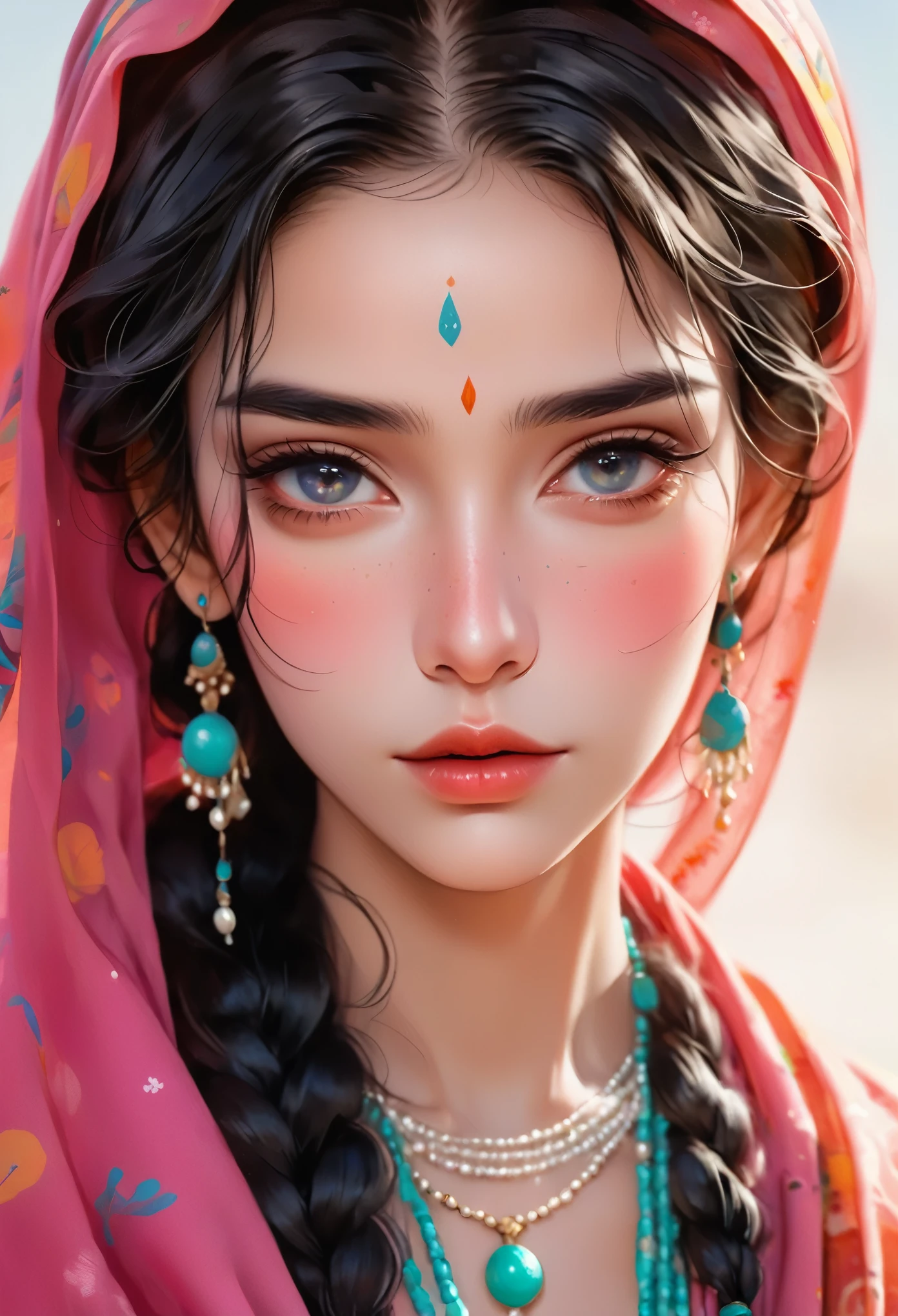 a beautiful young woman with flowing black hair, colorful braids, glossy hair, wearing a headscarf, a flowing shawl covering her face, ethnic minority features, delicate skin, beautiful facial features, intricate eye makeup, deep eyeshadow, light freckles, pearl necklace, shoulders, arms, ethnic minority clothing, flat design, digital illustration, minimalist, clean, fluid, (best quality,4k,8k,highres,masterpiece:1.2),ultra-detailed,(realistic,photorealistic,photo-realistic:1.37),portrait,vivid colors,soft lighting