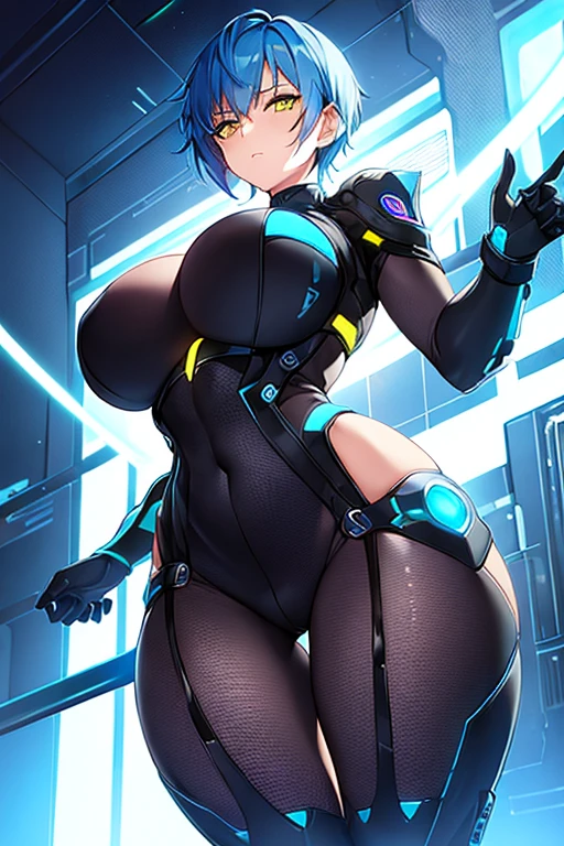 1girl, blue hair, very short hair, pixie cut, spiked hair, tomboy, bodysuit, large breasts, thick thighs, toned, mature female, tall female, futuristic, yellow eyes, black bodysuit, neon trim, science-fiction, neon, neon lights