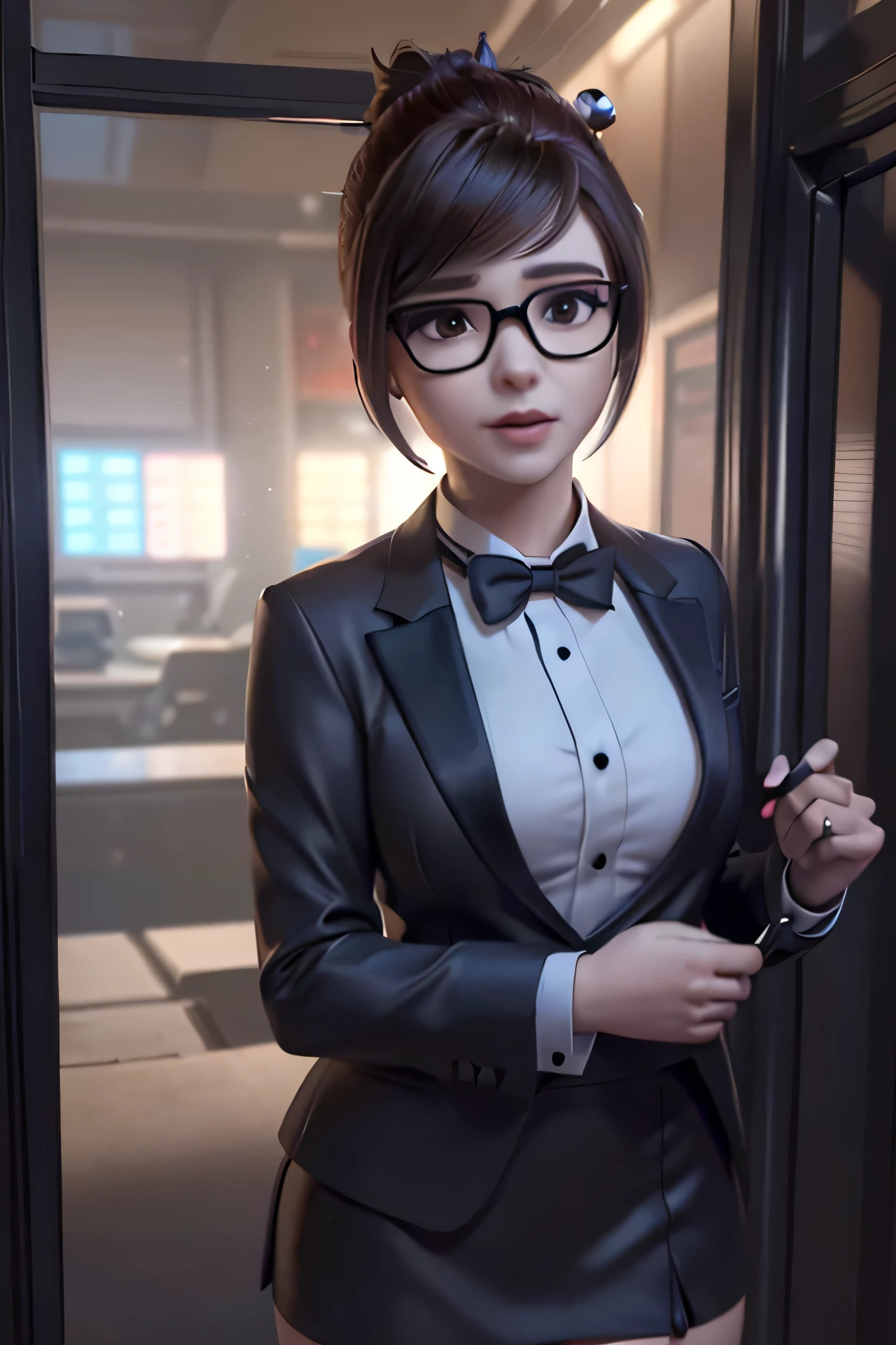 realistic, realism, photorealism, photo-realistic, high contrast, (photorealistic:1.4), 8k high definition detailed realistic,  (best quality, masterpiece:1.2),  photon mapping, radiosity, physically-based rendering, best quality, highly detailed, 1girl, owmei, black skirt suit, (((black tuxedo))), (((three-piece tuxedo))), white dress shirt (((black bowtie))), ((blazer)), ((suit jacket)) ((waistcoat with lapel)), (((bodycon pencil miniskirt))), formal, red lipstick, smile, (((hair up))), (((hair bun))), glasses, professional, (((high collar))), (((tailored bespoke suit))), (((hair pin))), bedroom eyes, smirk, confident, cufflinks, (((shiny clothes)))