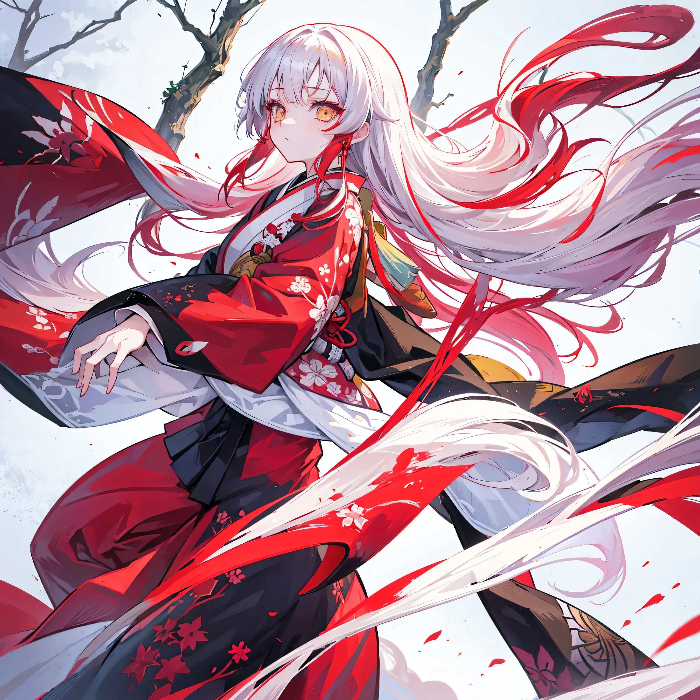 Kimetsu no yaiba anime style female character, long white hair and red hair highlights of hair, yellow eyes, wearing a kimono with an atana, in a snowy forest, soft expression, in fighting position. Blood power.