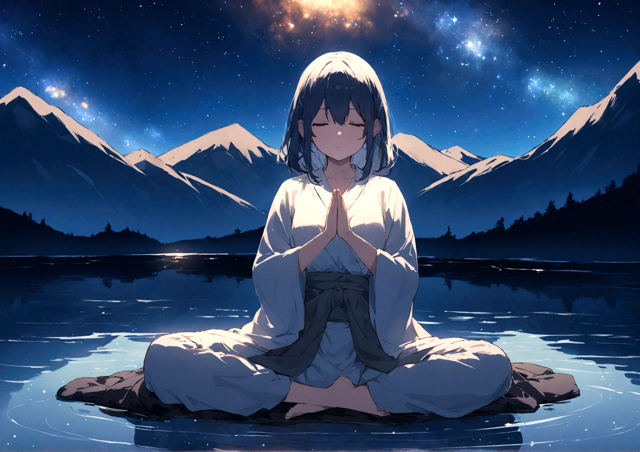 in the middle of the pond、With the mountain tops in the background and the starry sky、A girl meditating on trash at night、universe、starry sky、night、meditation、Meditation pose