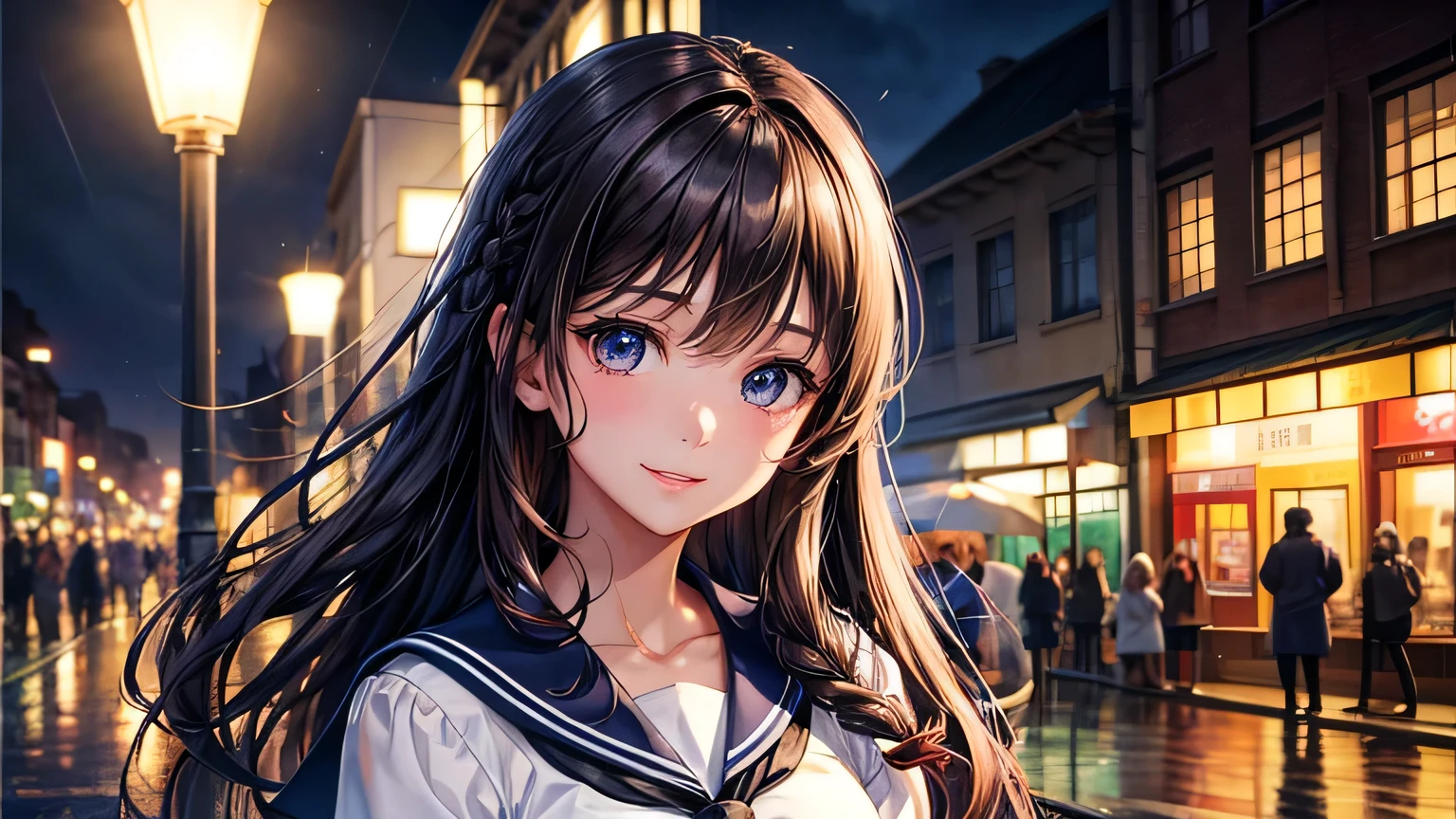 Beautiful woman 1.3, Beautiful brown hair: 1.2, , Rainy Town: 1.2,City of night,In town: 1.1, Ultra-high resolution, Accurate, Super detailed, Textured skin, High detail, highest quality, 8k,Thin bangs,Upper Body,Well-drawn eyes, Focus on the face,Sailor suit,Detailed hair depiction,Detailed depiction of eyes、Detailed depiction of hair、rain、rain grain、Street lamp、Wet ground、Upper Body、midnight、smile