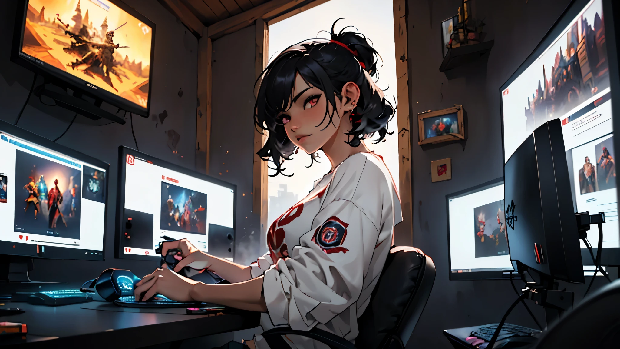 (junkotvv, pelo negro, flequillo, ((orejas de gato)), ojos rojos), in the foreground a villager is using a gaming computadora inside a peasant house,campesinos vistiendo ropa renacentista,Estilo Dur3r,(gaming computadora monitor, teclado (computadora), cables, juegos rgb),caballos,castillo en la distancia,(orejas de gato)