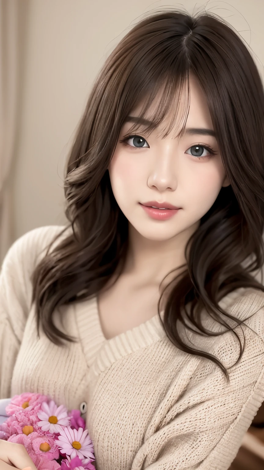A girl walking along the river, Mix 4, sweater, pillow, lips, Open_mouth, Realistic, photograph_\(Moderate\), alone, Packed_animal, Packed_toy, Teddy_bear,(masterpiece),(photographRealistic:1.3), Super detailed, (Skin with attention to detail:1.2),(highest quality:1.0), (Ultra-high resolution:1.0), (Ulzzang-6500:0.3), Wavy fine hair, Long Hair, sunlight, (Beautiful and detailed makeup), (Sexually excited、Blushing、breathing becomes rough:1.0), Flower Theme Petals Scattered, (Flowers with a soft glow:0.5)