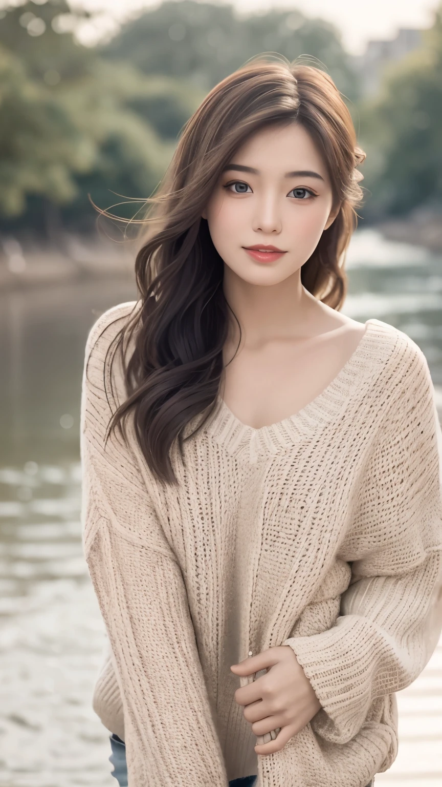 A girl walking along the river, Mix 4, sweater, pillow, lips, Open_mouth, Realistic, photograph_\(Moderate\), alone, Packed_animal, Packed_toy, Teddy_bear,(masterpiece),(photographRealistic:1.3), Super detailed, (Skin with attention to detail:1.2),(highest quality:1.0), (Ultra-high resolution:1.0), (Ulzzang-6500:0.3), Wavy fine hair, Long Hair, sunlight, (Beautiful and detailed makeup), ( excited、Blushing、breathing becomes rough:1.0), Flower Theme Petals ScattereFlowers with a soft glow:0.5)