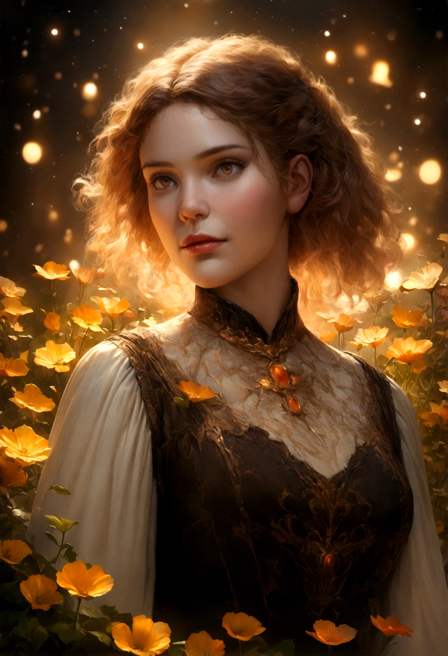 A beautiful detail, magical garden, surrounded by vibrant flowers, gazing up at the starry night sky, (best quality,4k,8k,highres,masterpiece:1.2),ultra-detailed,(realistic,photorealistic,photo-realistic:1.37),HDR,UHD,studio lighting,ultra-fine painting,sharp focus,physically-based rendering,extreme detail description,professional,vivid colors,bokeh,fantasy,surreal,dreamlike,whimsical,warm color palette,dramatic lighting