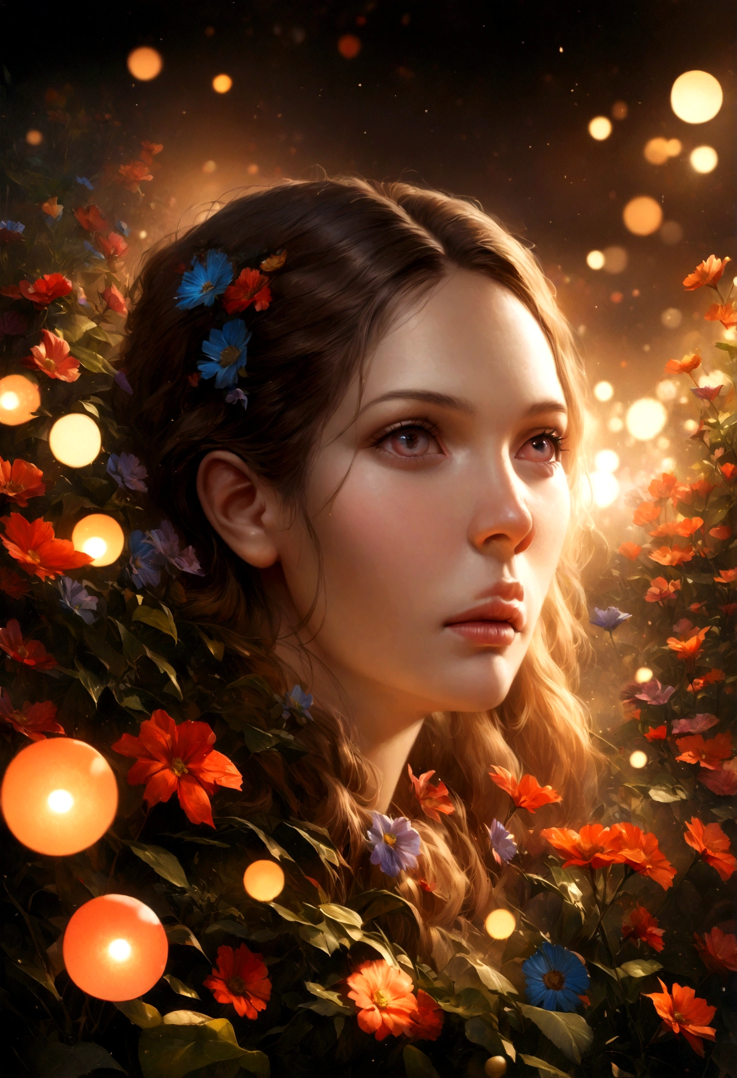 A beautiful detail, magical garden, surrounded by vibrant flowers, gazing up at the starry night sky, (best quality,4k,8k,highres,masterpiece:1.2),ultra-detailed,(realistic,photorealistic,photo-realistic:1.37),HDR,UHD,studio lighting,ultra-fine painting,sharp focus,physically-based rendering,extreme detail description,professional,vivid colors,bokeh,fantasy,surreal,dreamlike,whimsical,warm color palette,dramatic lighting