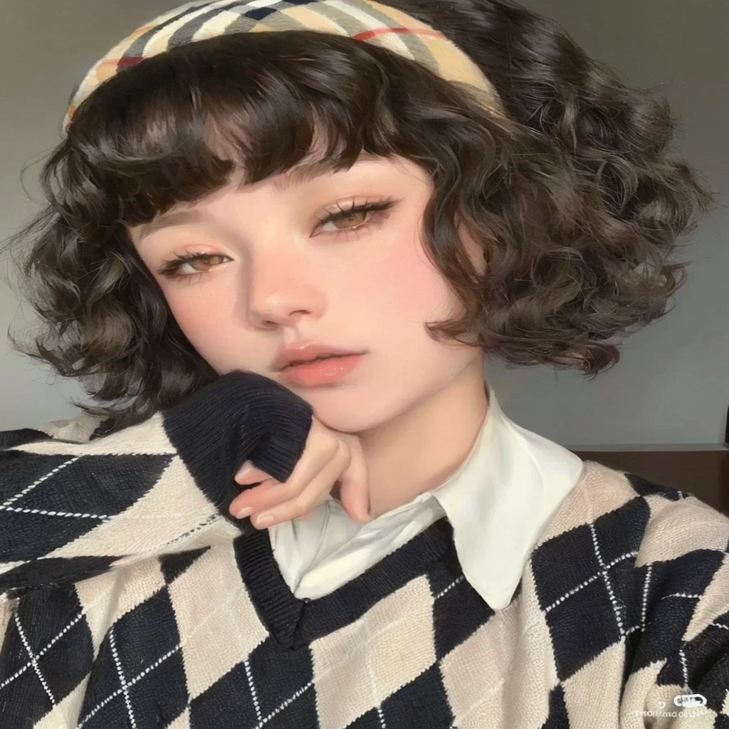 a closeup of a person wearing a sweater and a hat, con pelo corto, con pelo corto with bangs, flequillo rizado, cabello limpio con flequillo, (shorter dark curly hair), ulzzang, retrato realista kawaii, peinado de corte hime blanco, el corte de hime, pelo cortado hime negro, pelo superior rizado y corto, 🤤 girl portrait, short brown hair with bangs
