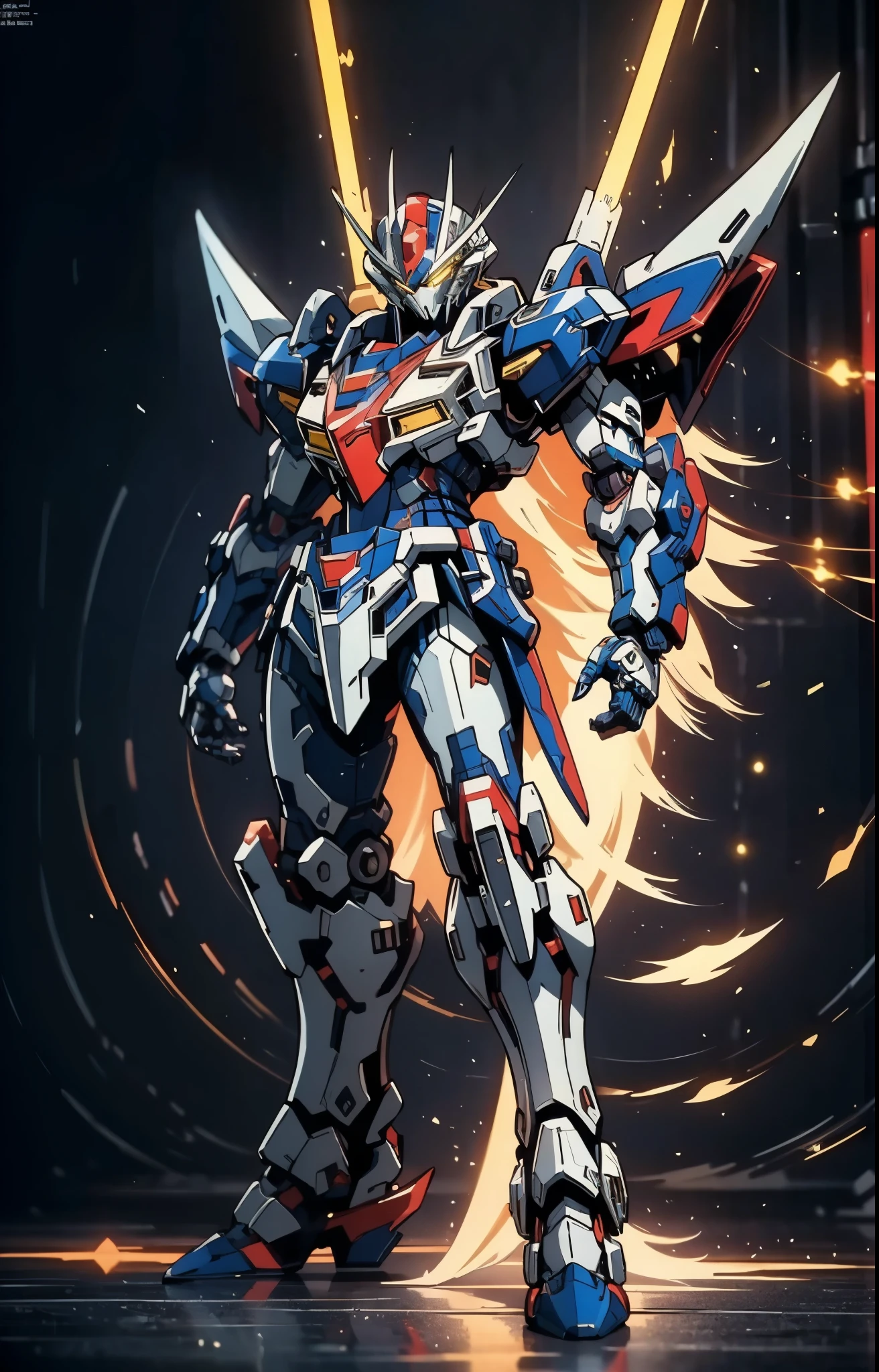 Humanoid Mecha, fully enclosed shoulder guards, matching arm and leg guards, full body, full armor, super robot, the design balances heavy with agility, (the color scheme is primarily white with red and blue accents, the concept Inspired by super robot, organic biotech armor, pose, standing, floating high above the futuristic sci-fi city), exquisite and mature art style, (aura effect, energy, glowing eyes, the armor glows), ((SRS)), metallic, dynamic angle, dynamic composition, dramatic, high definition, best quality, highres, ultra-detailed, ultra-fine painting, extremely delicate, professional, perfect body proportions, anatomically correct, symmetrical face, extremely detailed eyes and face, high quality eyes, creativity, RAW photo, UHD, 32k, Natural light, cinematic lighting, masterpiece-anatomy-perfect, masterpiece:1.5