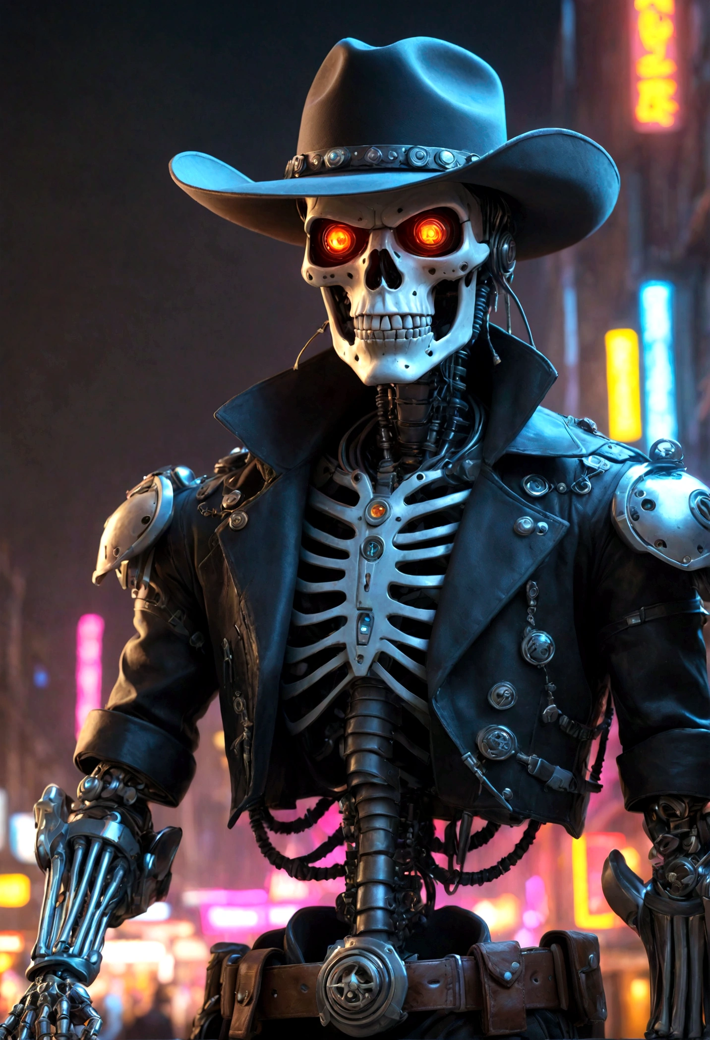 personagem cyber punk,Cowboy Sheriff Robot Skeleton,Fundo escuro misterioso,luz neon,ciberneticamente melhorado,Armas do futuro,Wearing a cowboy hat+luz neon edge,bionic arm,metallic chin,olhos vermelhos luminosos,dystopian city,sharp focus,steel texture,cor viva,estilo de arte conceitual.(Best quality at best,4k,8K,A high resolution,obra-prima:1.2),ultra-detalhado,(real,photoreal,photo-real:1.37),