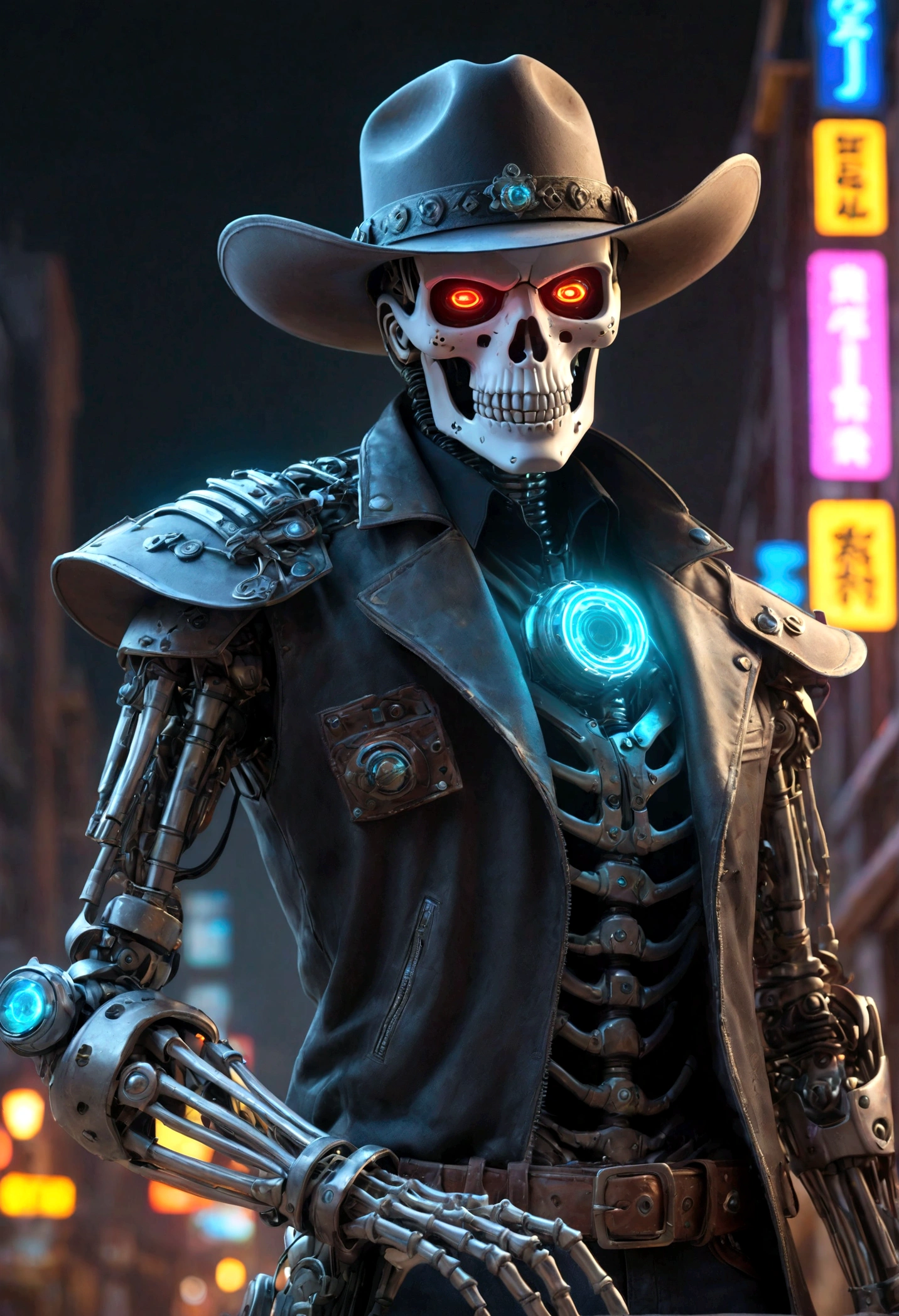 personagem cyber punk,Cowboy Sheriff Robot Skeleton,Fundo escuro misterioso,luz neon,ciberneticamente melhorado,Armas do futuro,Wearing a cowboy hat+luz neon edge,bionic arm,metallic chin,olhos vermelhos luminosos,dystopian city,sharp focus,steel texture,cor viva,estilo de arte conceitual.(Best quality at best,4k,8K,A high resolution,obra-prima:1.2),ultra-detalhado,(real,photoreal,photo-real:1.37),