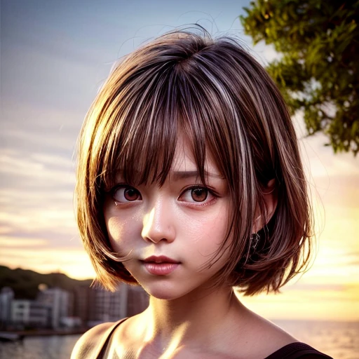 (Close-up:1.4), Tiny girl wearing red tube-top dress, Stroll along evening Beach, (Acutance:0.85), Masterpiece of 8K Ultra-detailed, (Volumetric lighting), (RAW photorealistic:1.37), (Gazing at the sunseting colorful sky) (Dazzling bokeh:1.25), (Golden ray illuminating face), { (Vivid Photon Particles:1) | (Gust of wind) } . (((Extremely detailed a face variation of NOGIZAKA girls))), perfect anatomy, Childish, captivating gaze, elaborate detailed Eyes with (sparkling highlights:1.3), long eyelashes、Glossy RED Lips with beautiful details, Coquettish tongue, Rosy cheeks, ((Radiant natural skin) with clear transparency) . { (Dynamic joyful expressions) | (:d) }, (no Large eyes, no tree).