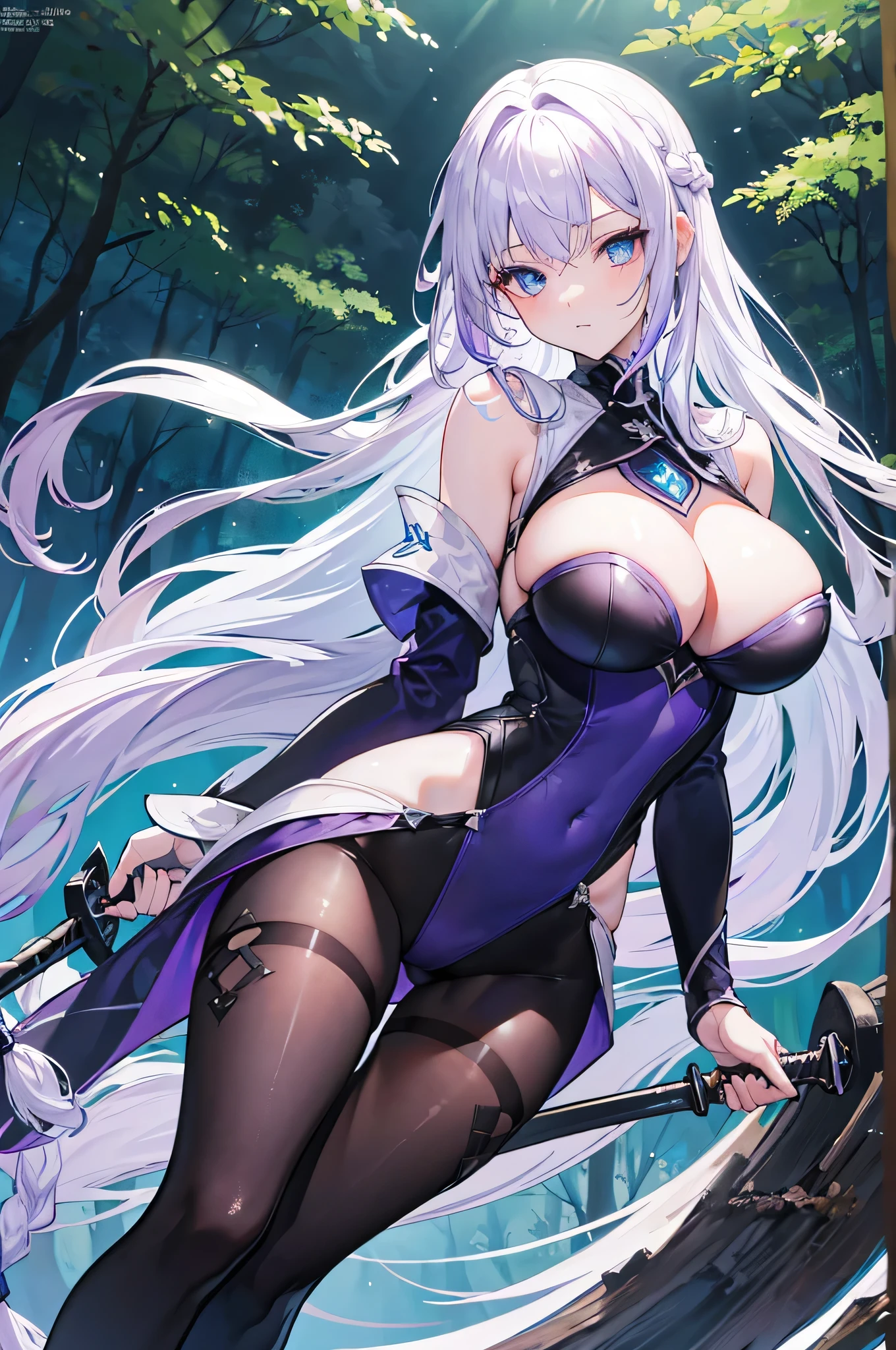 4k,High resolution,One Woman,White purple hair,long hair,Braid,Blue Eyes,Big Breasts,knight,High leg leotard,Bite,Knight's Armor,Black tights,Boots,Long sword,in the forest