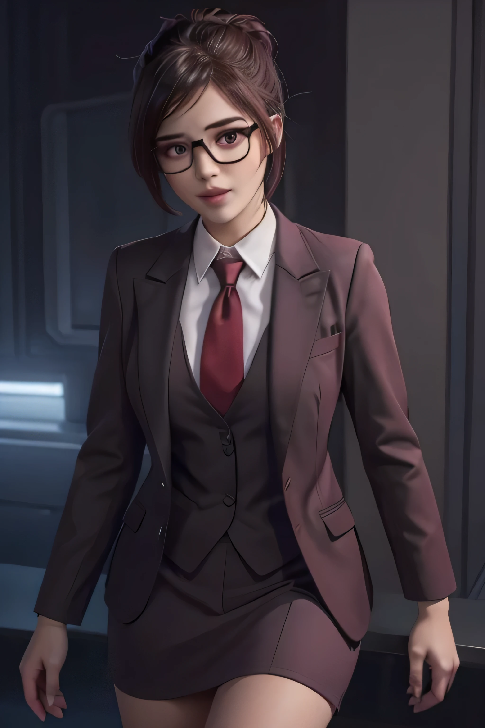 realistic, realism, photorealism, photo-realistic, high contrast, (photorealistic:1.4), 8k high definition detailed realistic,  (best quality, masterpiece:1.2),  photon mapping, radiosity, physically-based rendering, best quality, highly detailed, 1girl, owmei, cream skirt suit, suit and tie, (((three-piece suit))), pink silk dress shirt with white collar, shirt and tie, (((maroon necktie))), ((blazer)), ((suit jacket)) ((waistcoat with lapel)), (((bodycon pencil miniskirt))), formal, business, red lipstick, smile, (((hair up))), (((hair bun))), glasses, professional, (((high collar))), (((tailored bespoke suit))), (((hair pin))), bedroom eyes, smirk, confident, cufflinks, (((shiny clothes)))