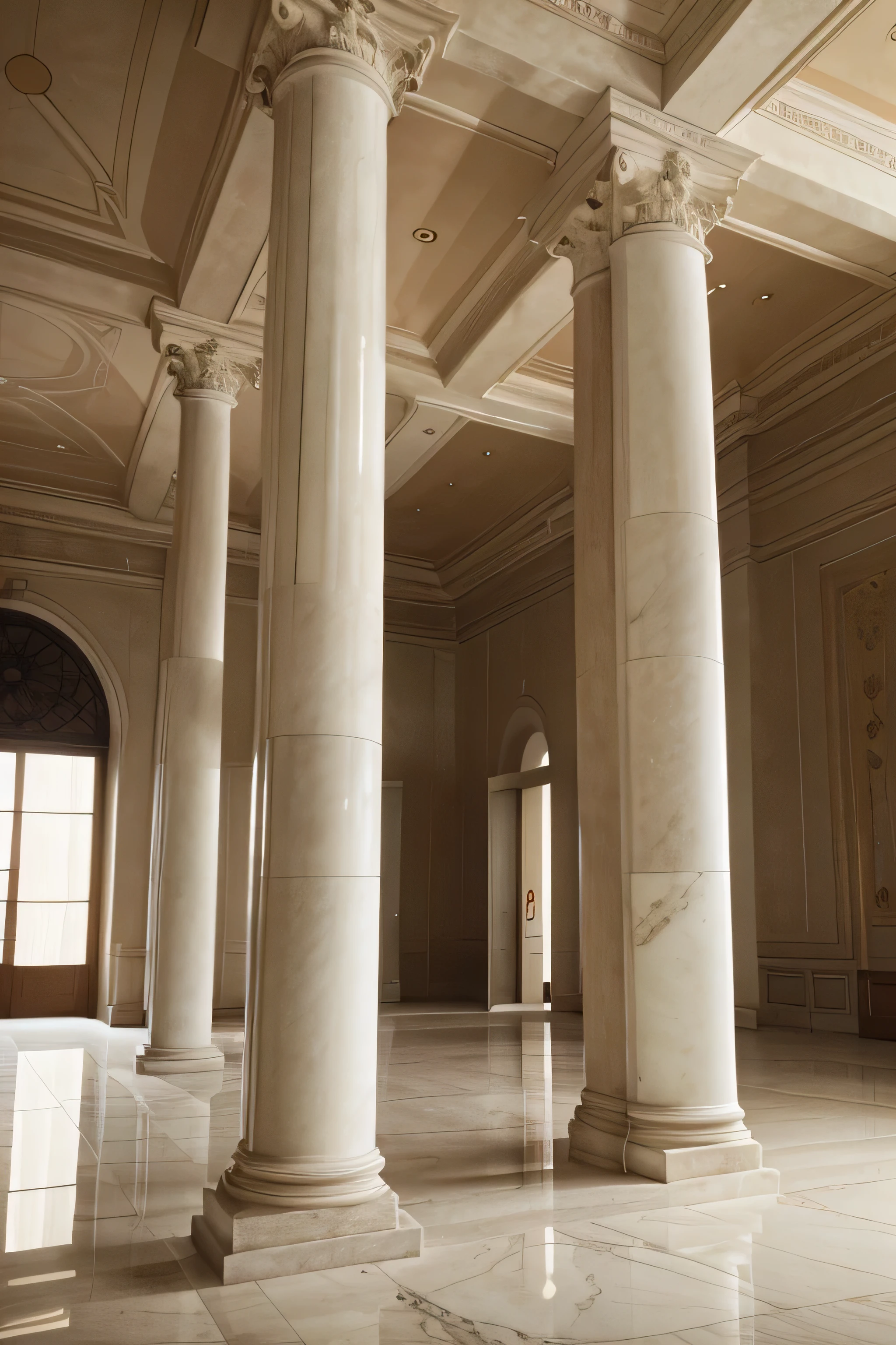 great hall with modern architectural design, brilliant design, white marble for the flooring, high marble columns, perfect exposure, nice lighting, canvas for baroque art hanging on the walls, masterpiece , high luxurious celling, luxurious material, professional photography, grain film effect, 80s cameras effect, eighties photography design