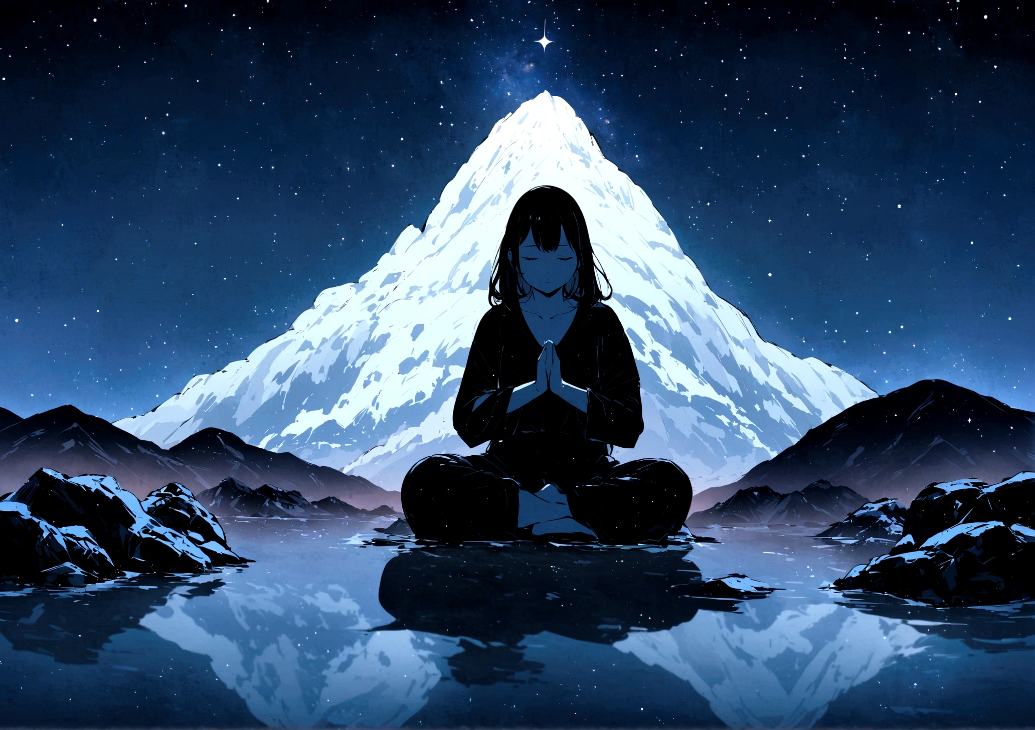 in the middle of the pond、With the mountain tops in the background and the starry sky、A girl meditating on trash at night、universe、starry sky、night、meditation、Meditation pose