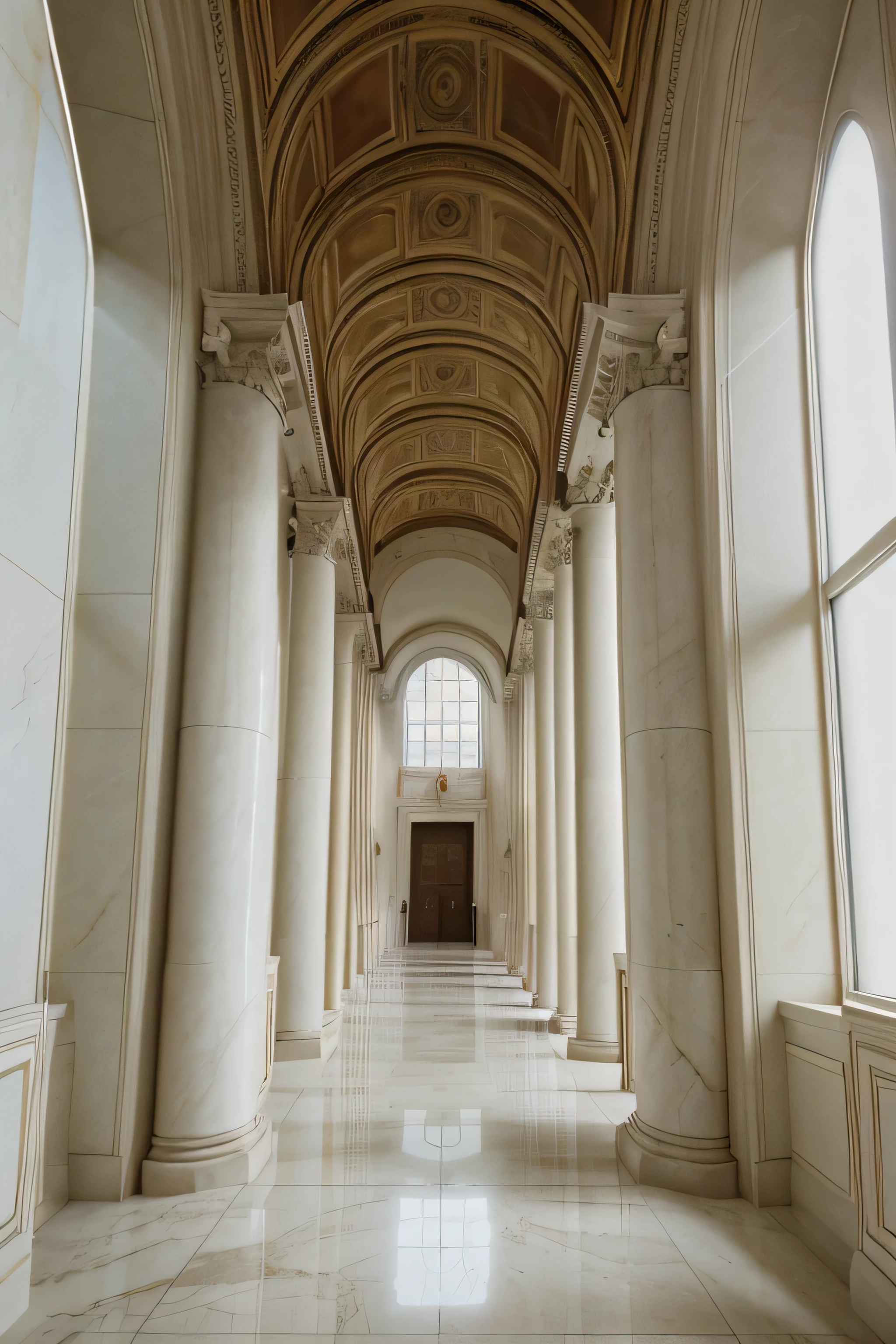 great hall with modern architectural design, brilliant design, white marble for the flooring, high marble columns, perfect exposure, nice lighting, canvas for baroque art hanging on the walls, masterpiece , high luxurious celling, luxurious material, professional photography, grain film effect, 80s cameras effect, eighties photography design